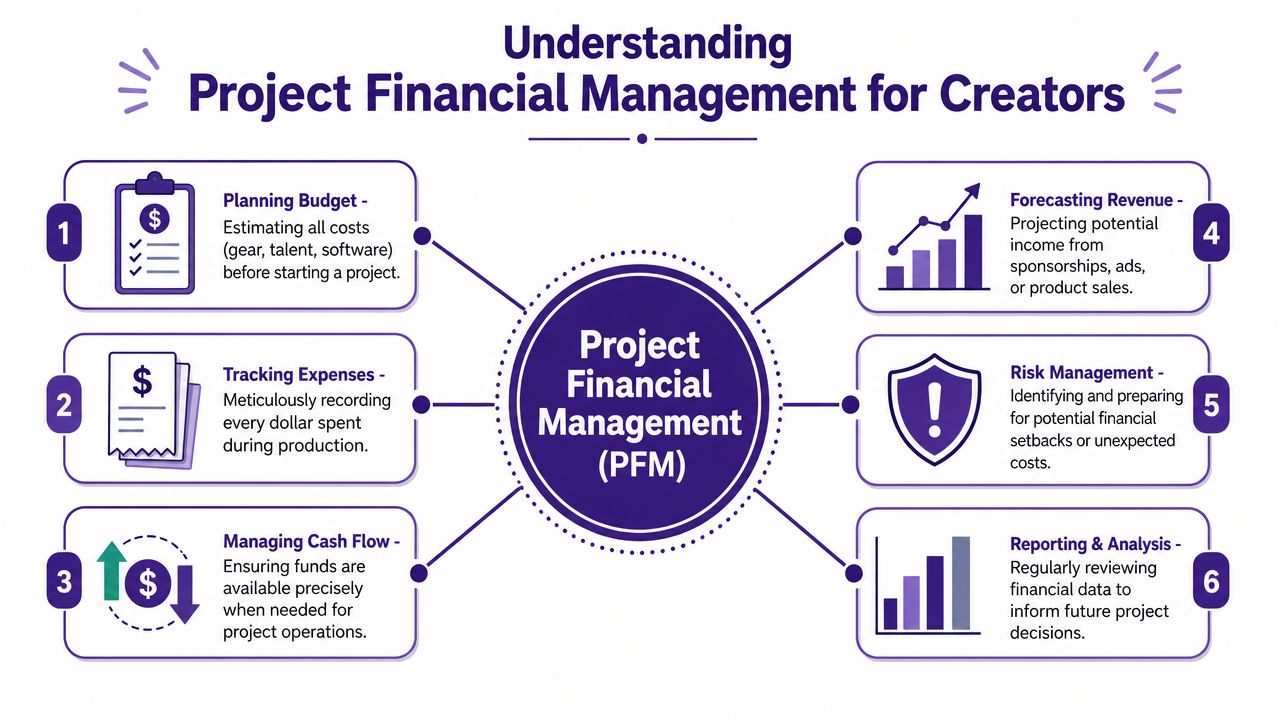 A diagram outlining six key steps for project financial management for digital content creators.