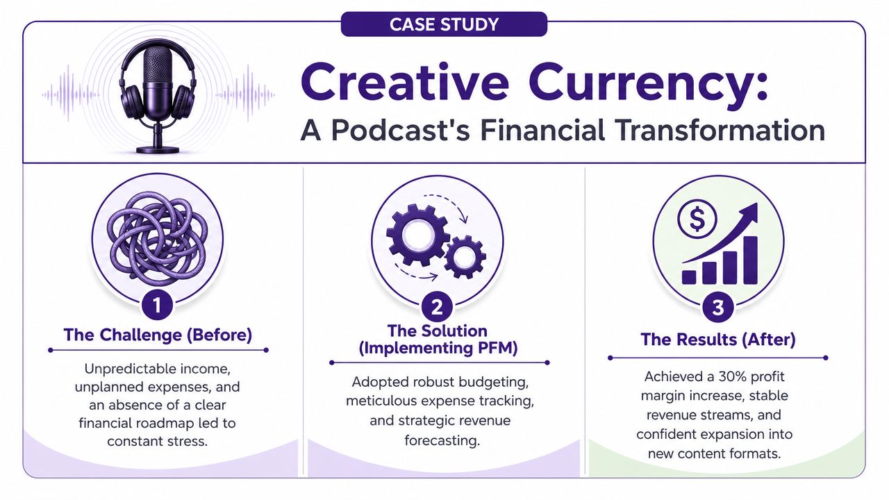An infographic titled Creative Currency illustrating a three-step financial transformation process for a podcasting business.