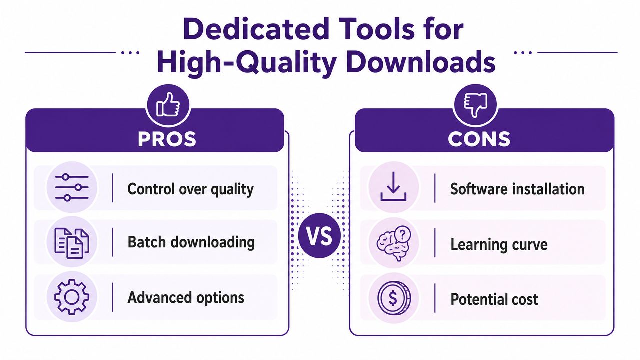 A comparison infographic showing pros and cons of using dedicated software for high-quality file downloads.