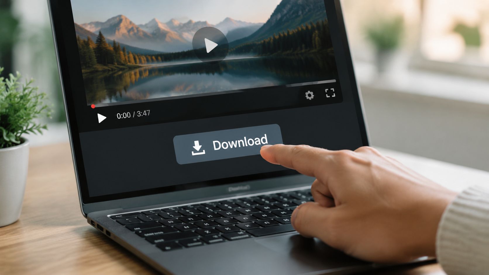 A person clicking a download button on a laptop screen to convert a streamable video file.