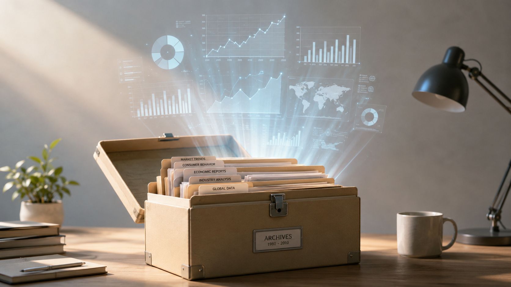 A vintage file box labeled Archives 1980-2010 emits glowing holographic business charts and data analysis visualizations.