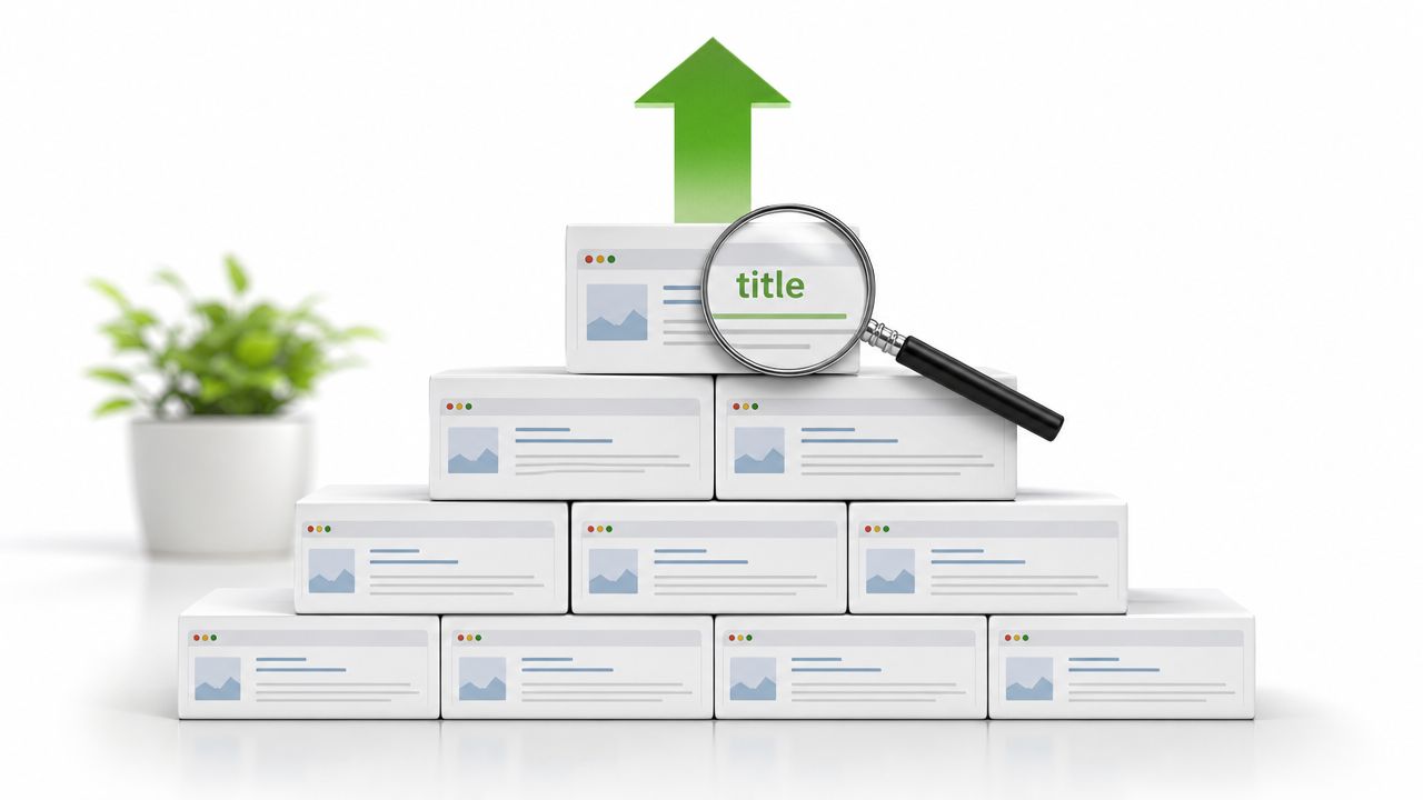 A 3D pyramid of web browser mockups with a magnifying glass examining a title and a green arrow.