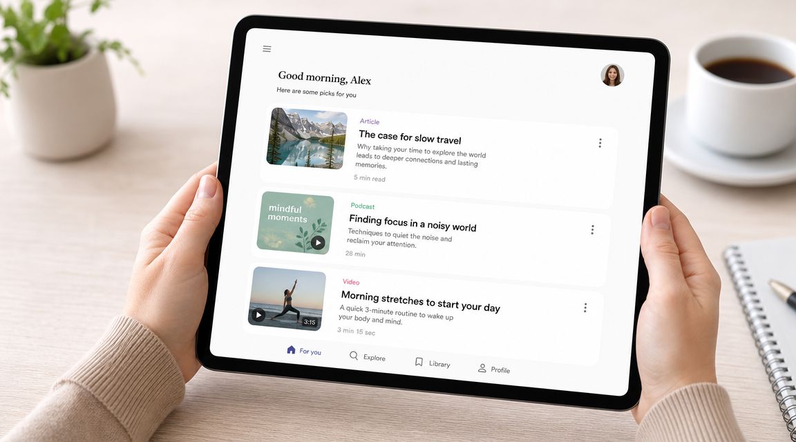 A person holding a tablet displaying a personalized digital content feed with articles, podcasts, and videos.