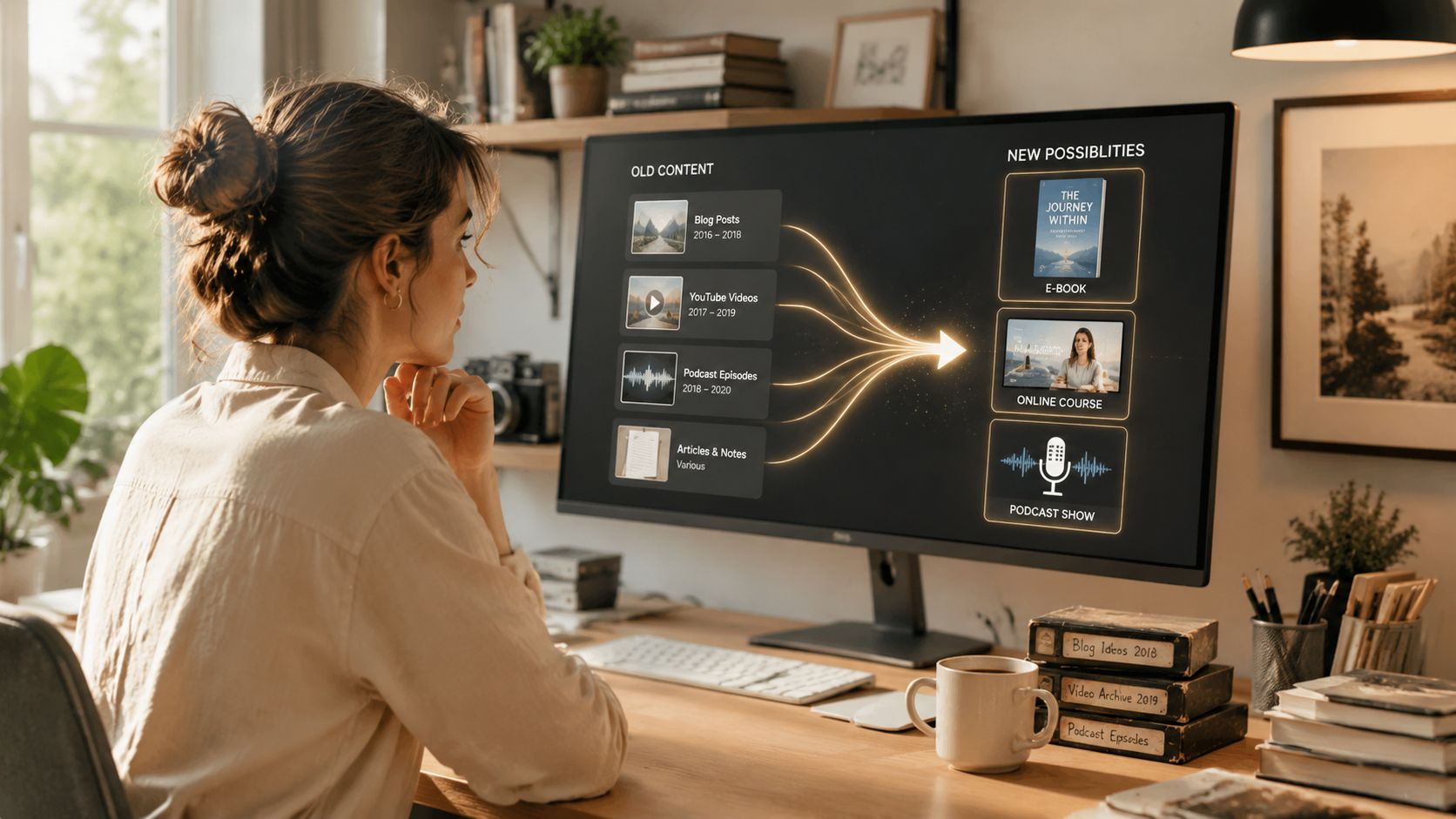 A woman at her desk looking at a monitor displaying a content repurposing strategy diagram.