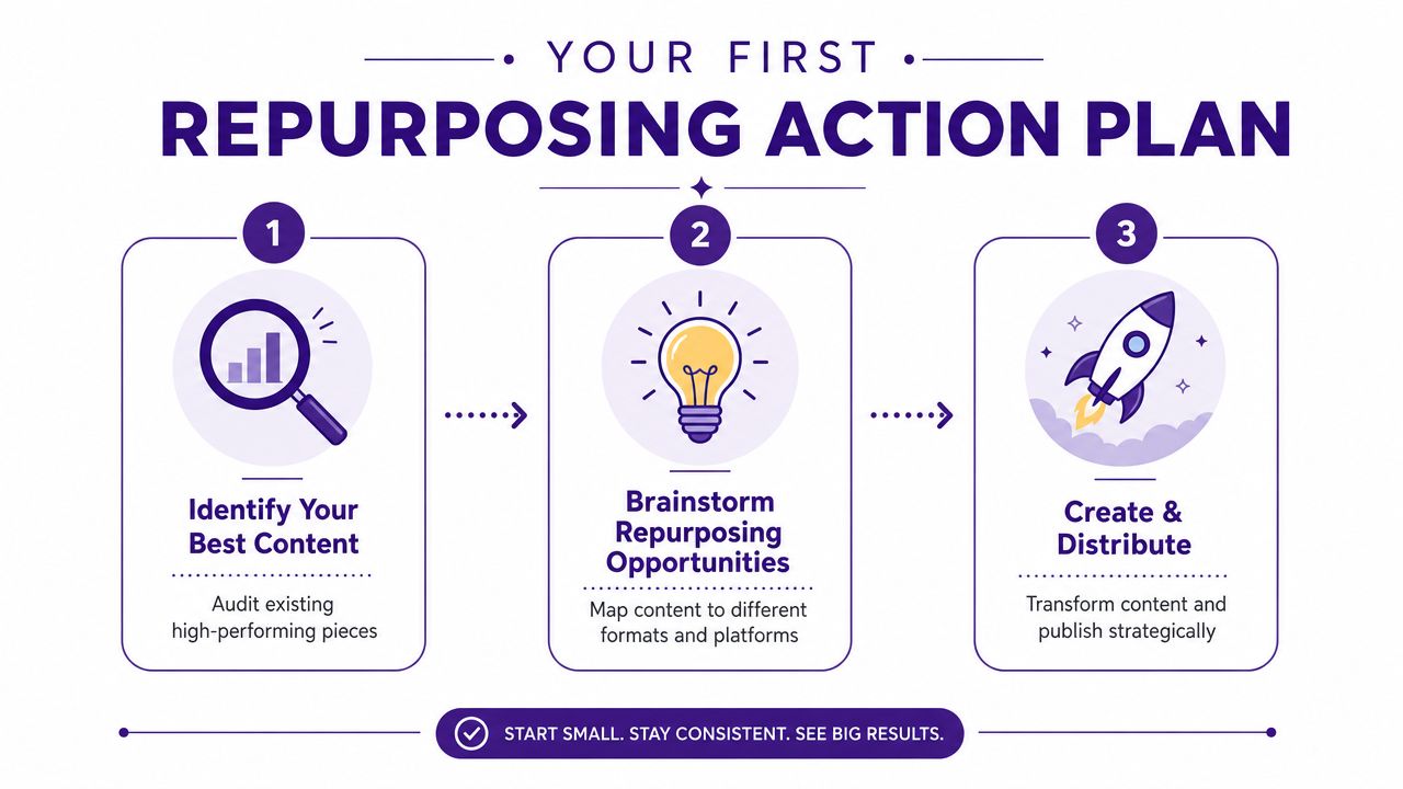 A three-step infographic showing a process for a content repurposing action plan for digital marketers.