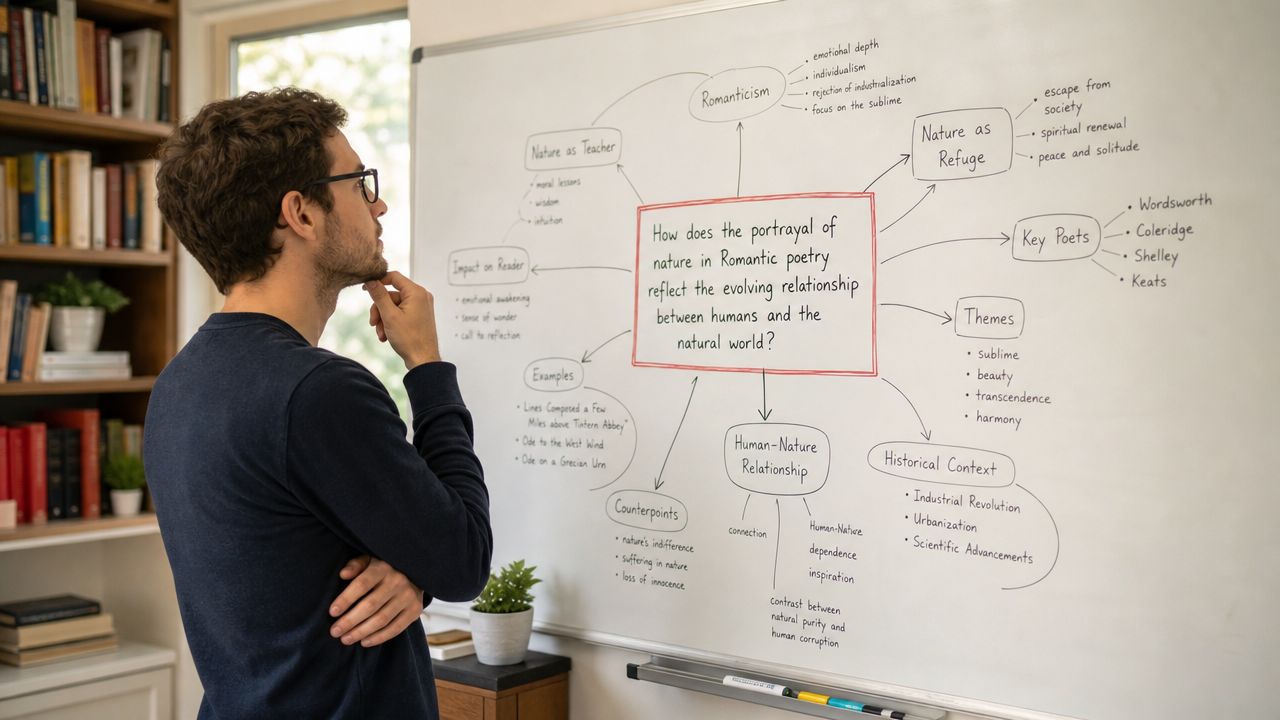 A student standing and looking thoughtfully at a mind map on a whiteboard about Romantic poetry and nature.