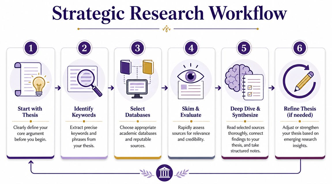A six-step infographic illustrating a strategic research workflow for writing a successful academic term paper.