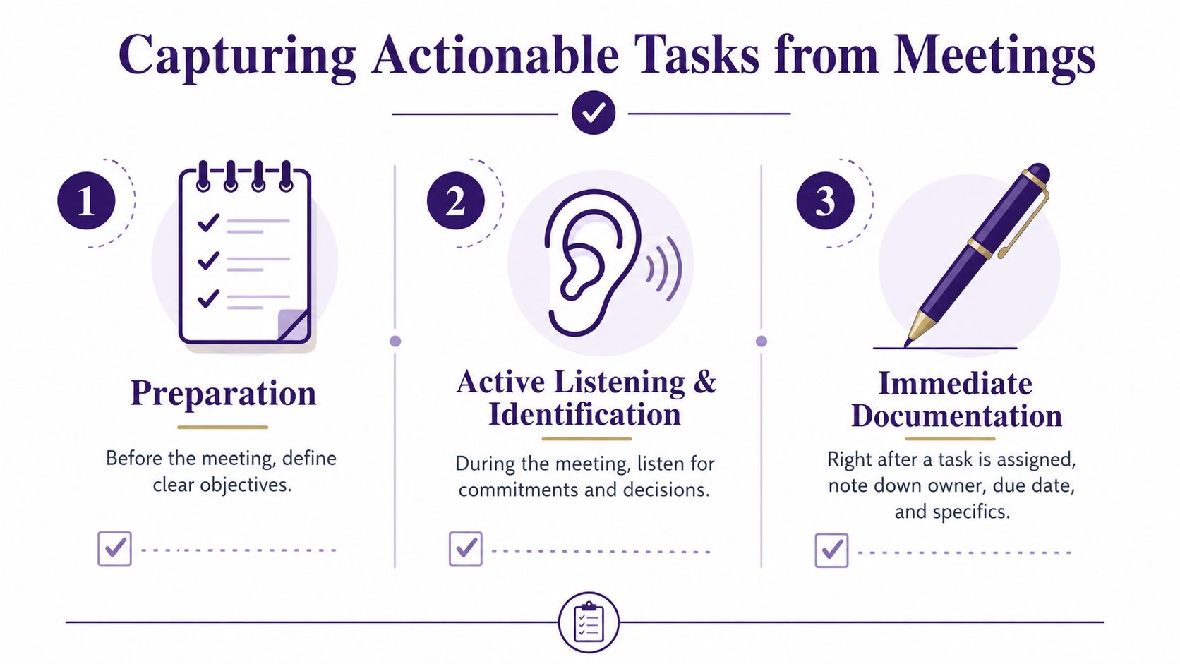 A three-step infographic showing how to capture actionable tasks during business meetings using preparation, active listening, and documentation.