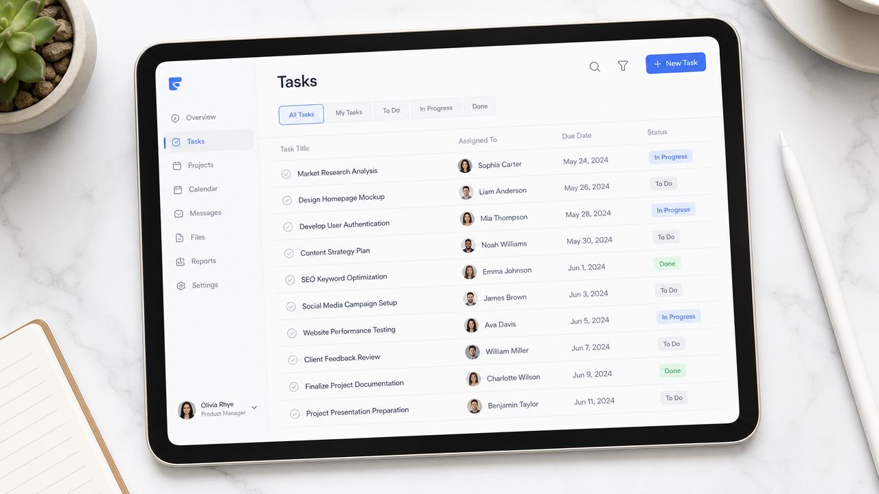 A digital tablet displaying a project management dashboard with a list of tasks and team assignments.