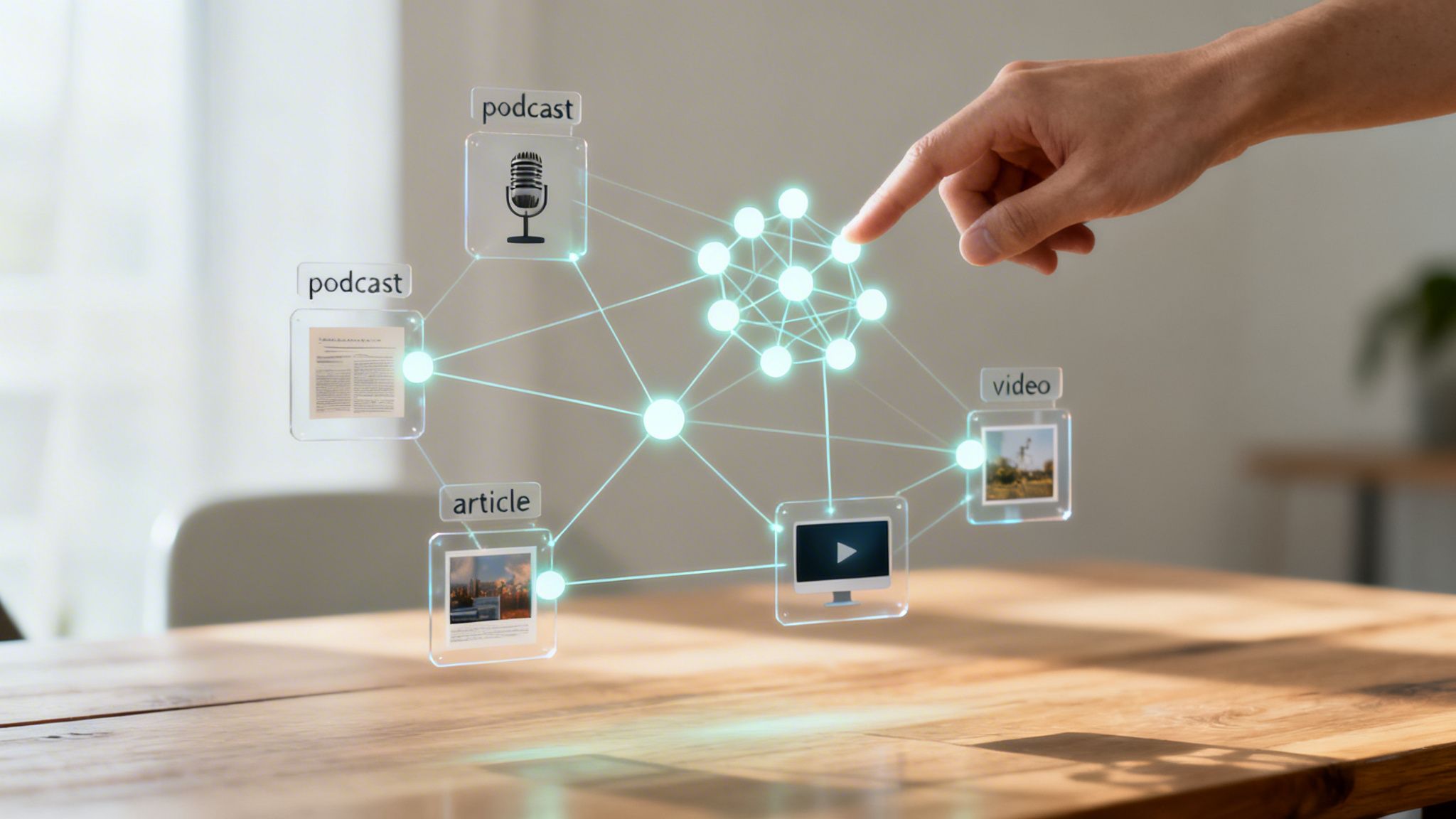 A hand interacts with a holographic display showing a network of linked content like podcasts, articles, and videos.