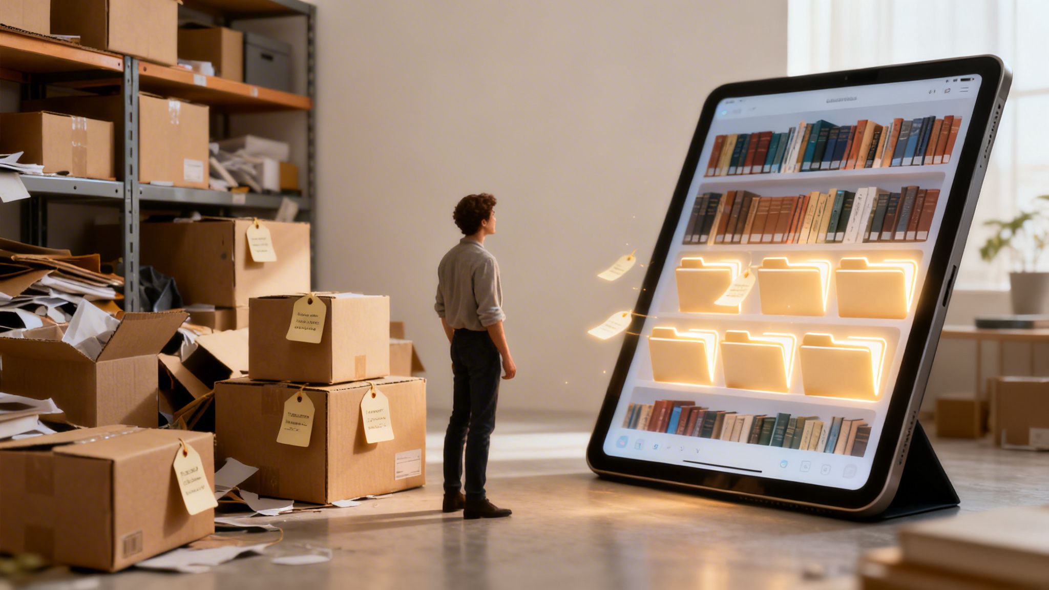 A person looks at a giant tablet displaying digital files, contrasting with cluttered physical boxes.