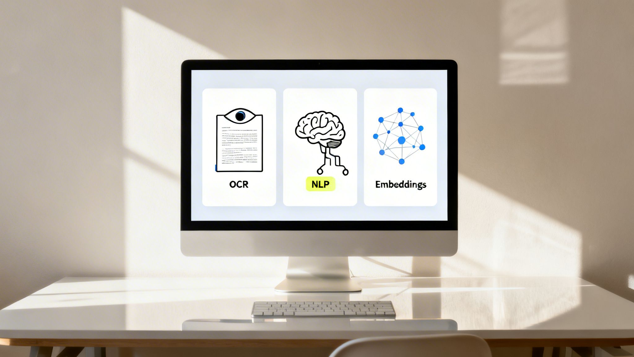 A computer monitor displays icons for OCR, NLP, and Embeddings on a bright desk.