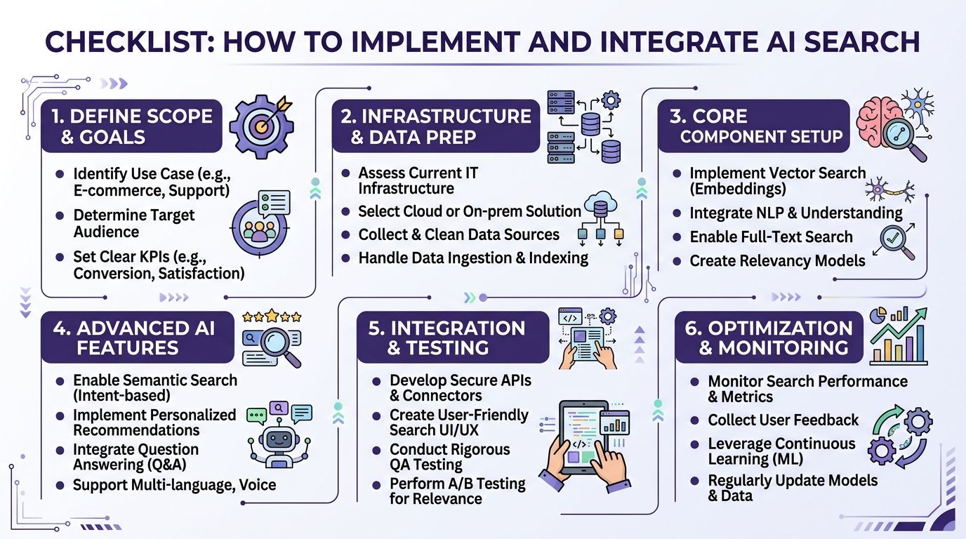 A checklist infographic illustrating the six key steps to successfully implement and integrate AI search technology.