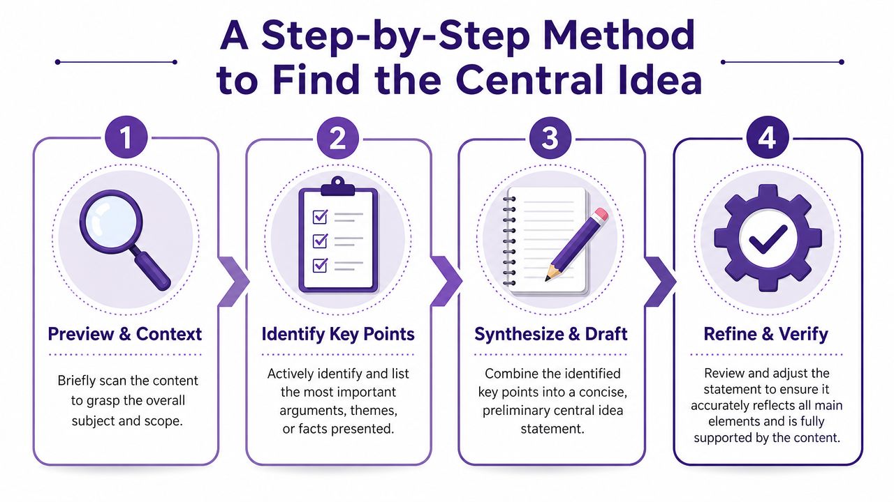 A four-step infographic illustrating a simple method for identifying the central idea of a text.