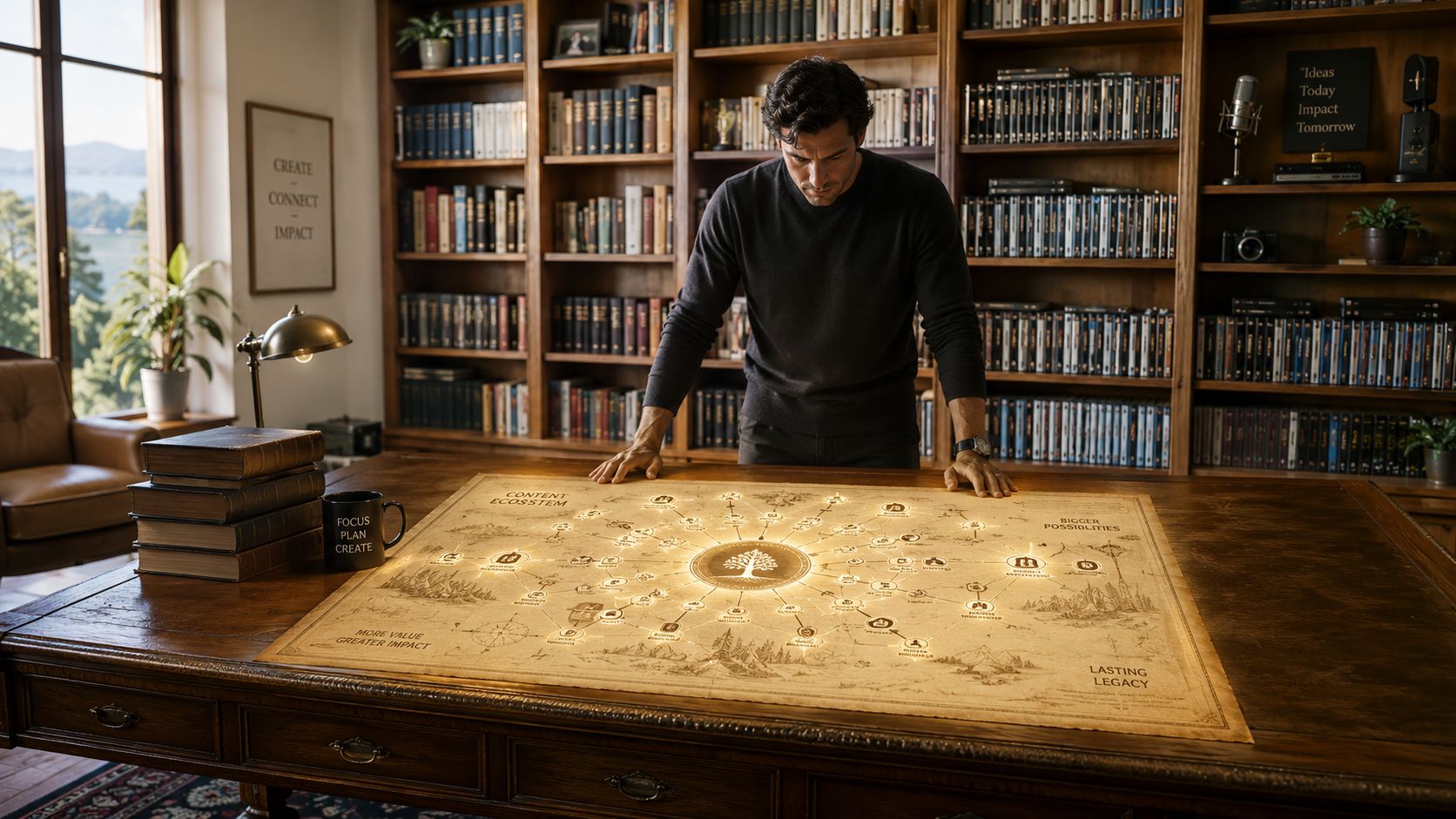 A man examines a glowing, map-like diagram of a content ecosystem on a wooden desk in a library.