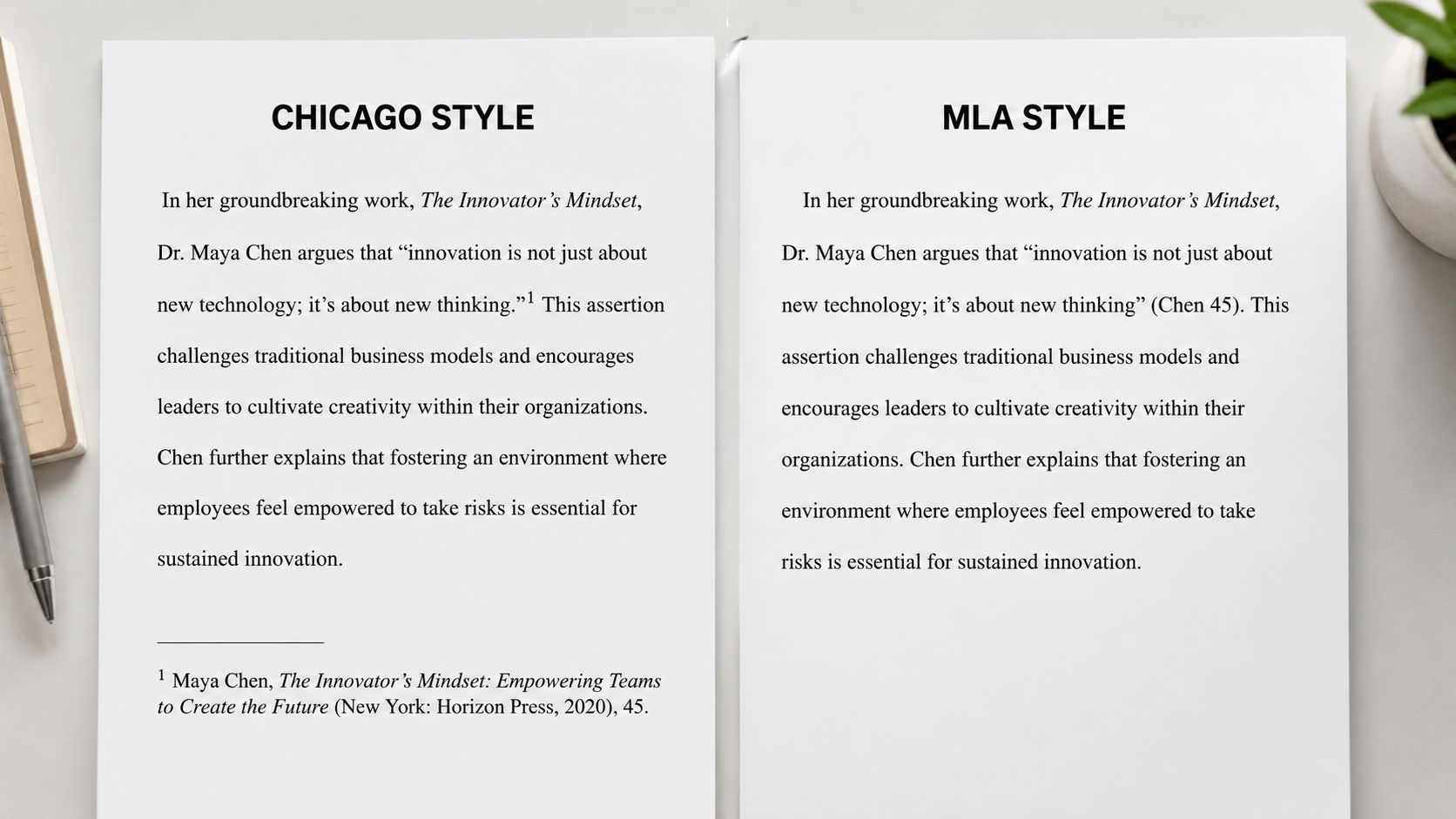 A side-by-side comparison showing the same text formatted in Chicago style with footnotes and MLA style with parenthetical citations.