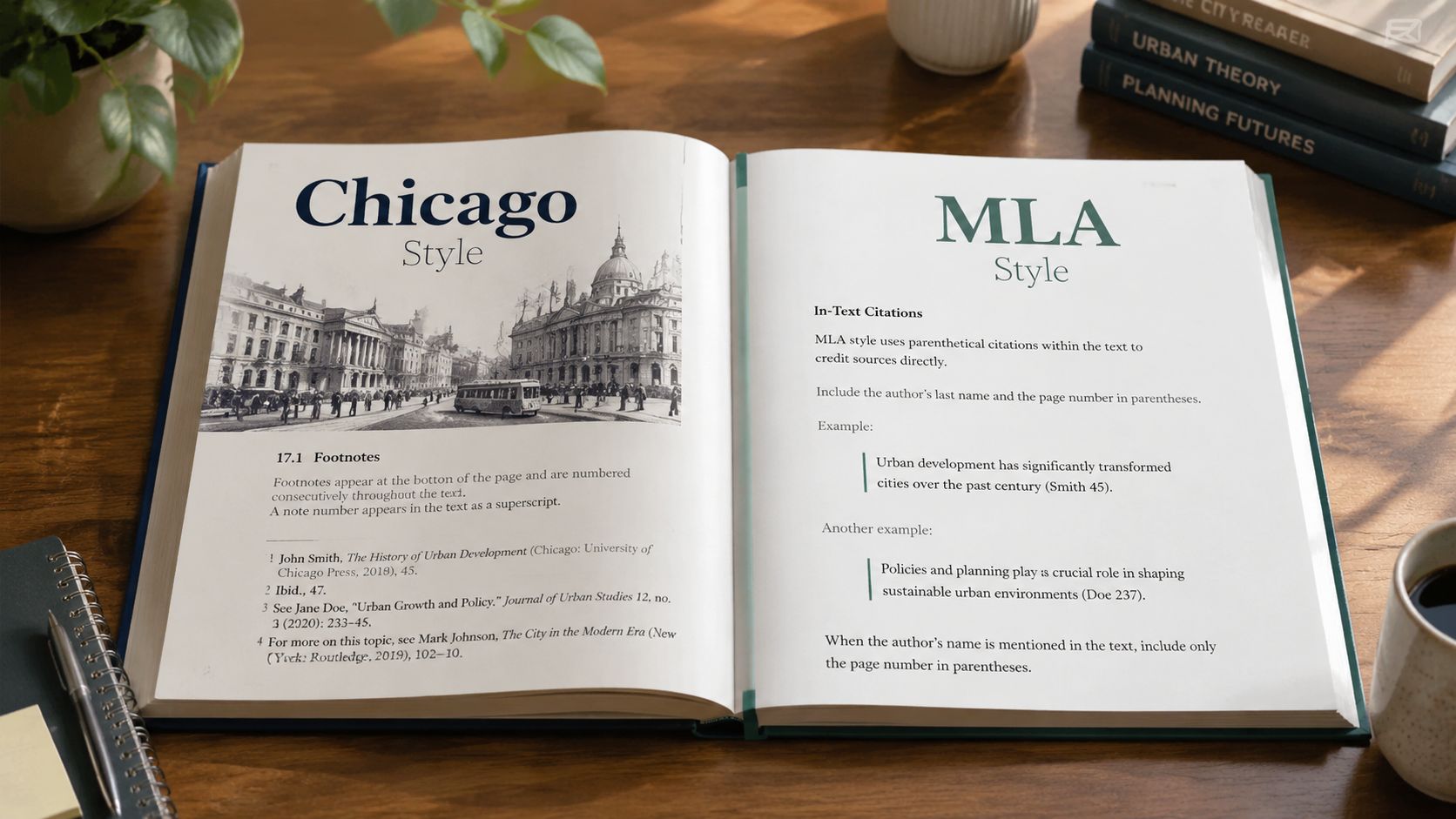 An open book on a wooden desk displaying side by side guides for Chicago and MLA citation styles.