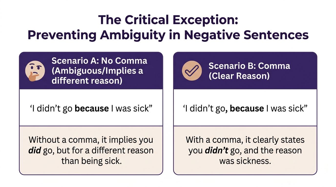 An infographic explaining how a comma before because clarifies the meaning of negative sentences in English.