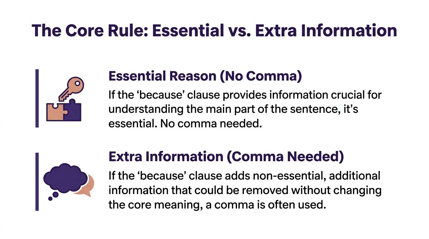 An infographic explaining the grammar rules for using commas before because clauses in sentences.