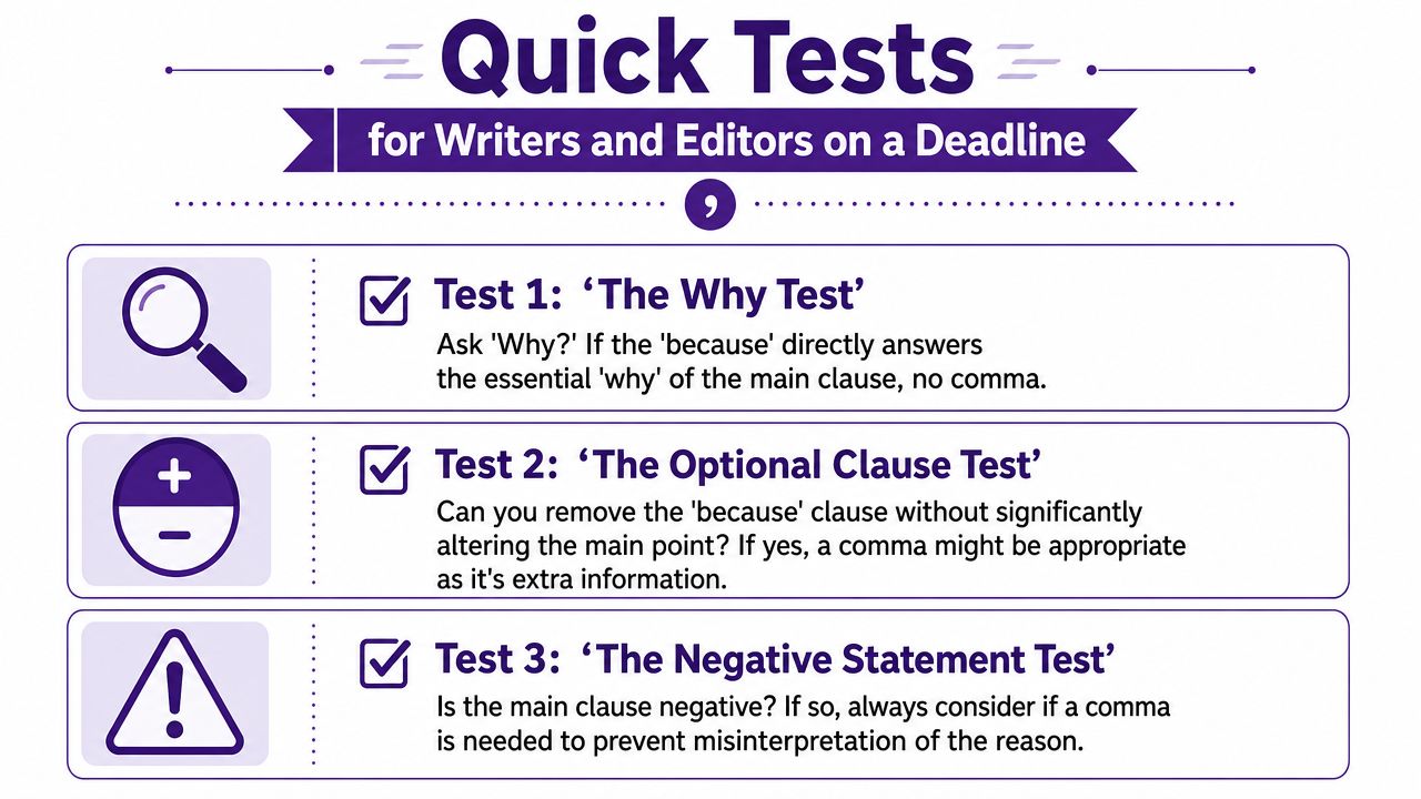 A graphic showing three grammar tests to decide whether to use a comma before the word because.