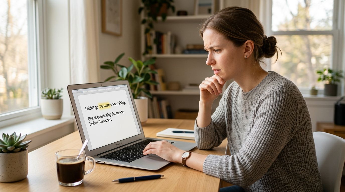 A young woman thoughtfully looking at a laptop screen while working on a grammar punctuation task.