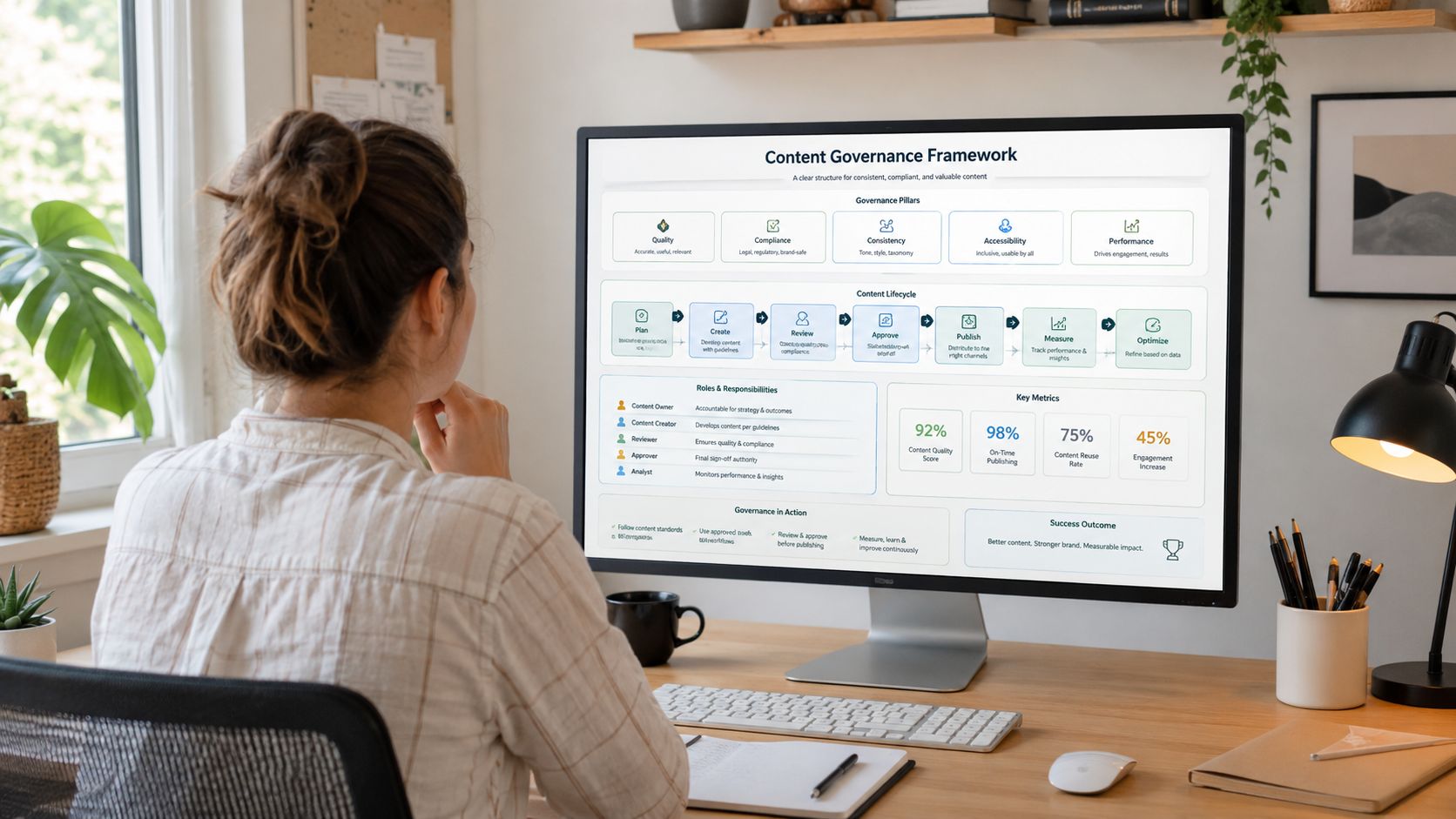 A woman working at her desk while viewing a content governance framework chart on her computer monitor.