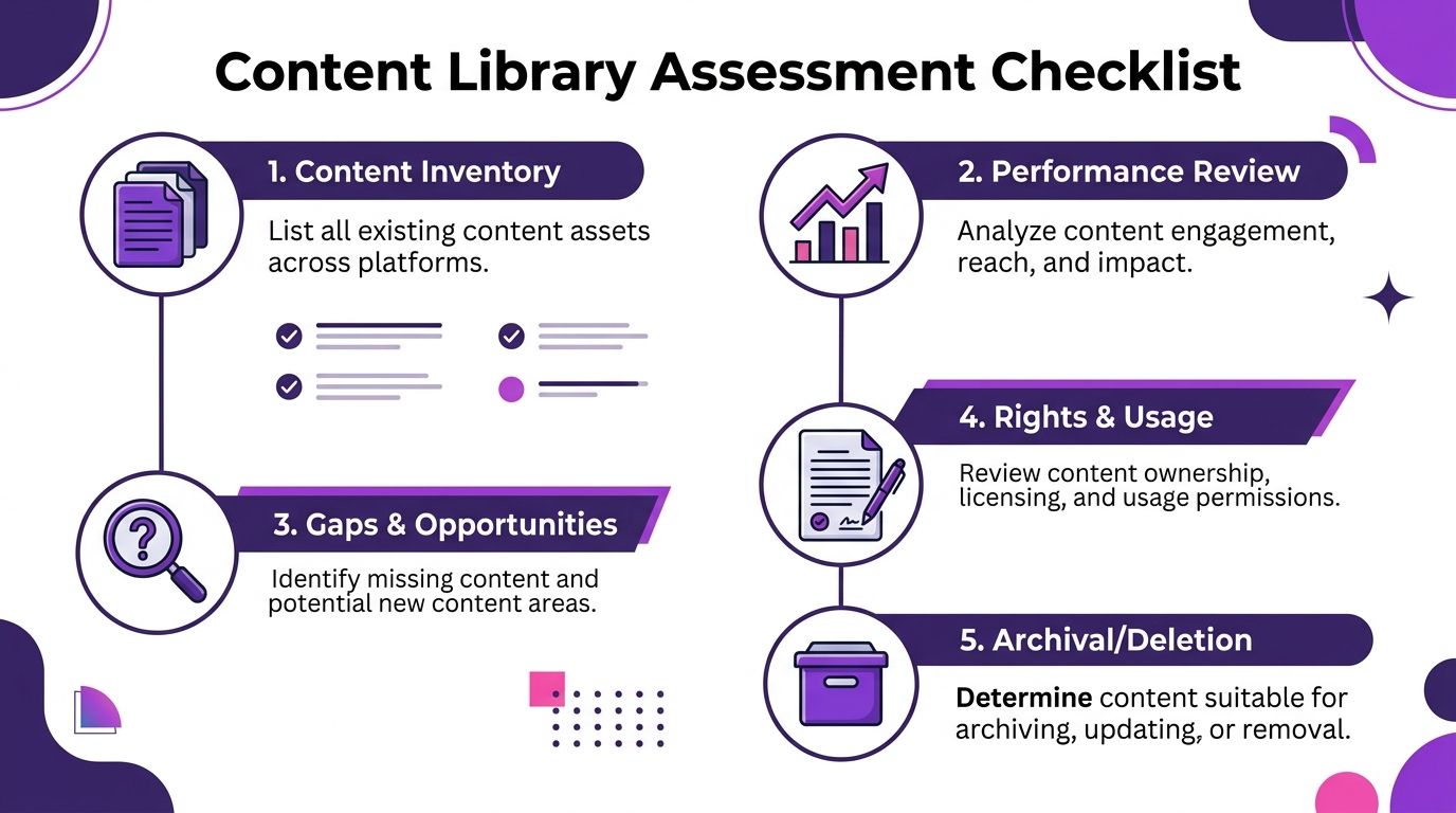 A professional infographic titled Content Library Assessment Checklist with five key steps for managing content assets.