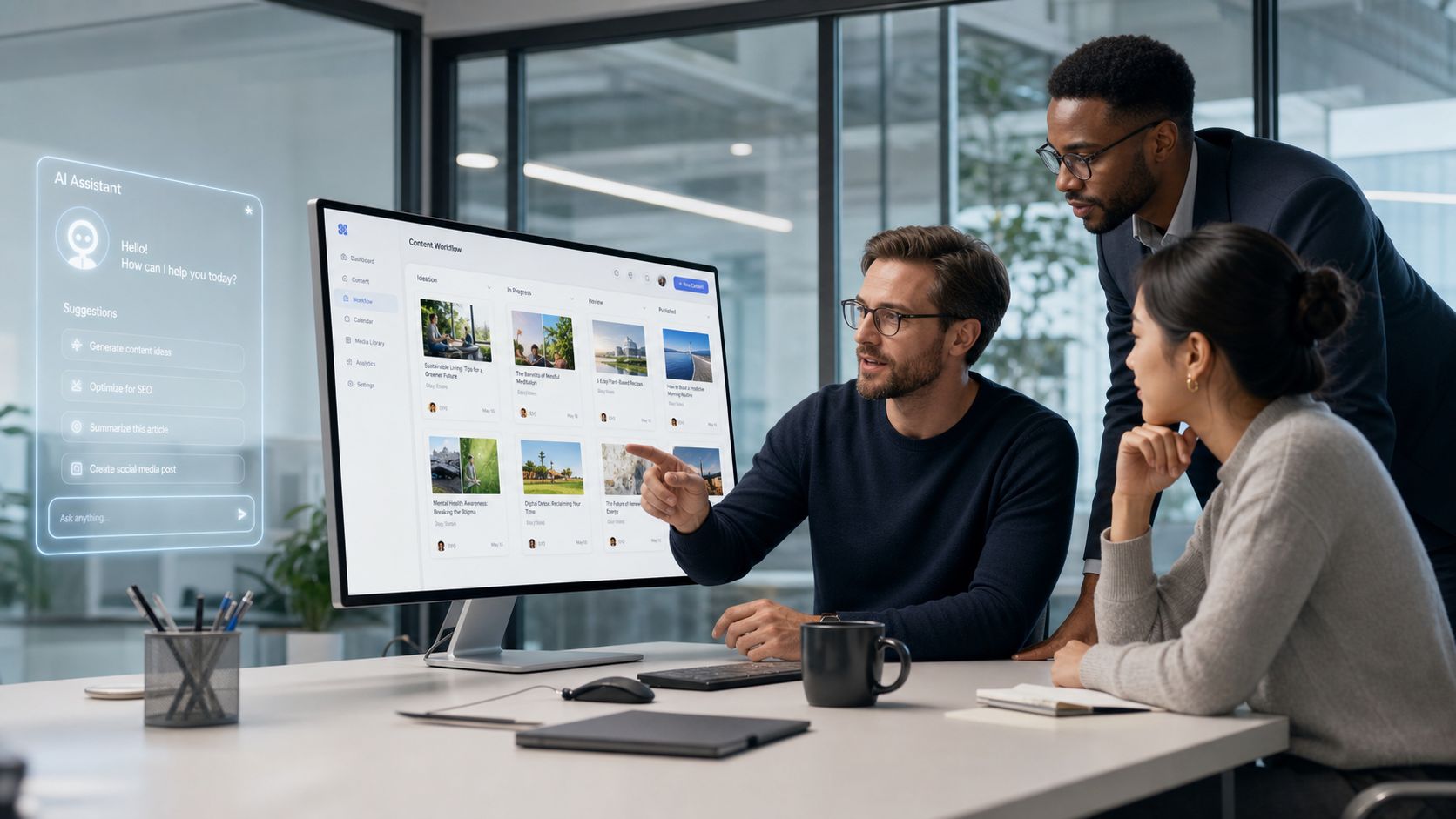 A diverse professional team collaborates in a modern office, reviewing content workflow strategies on a computer display.
