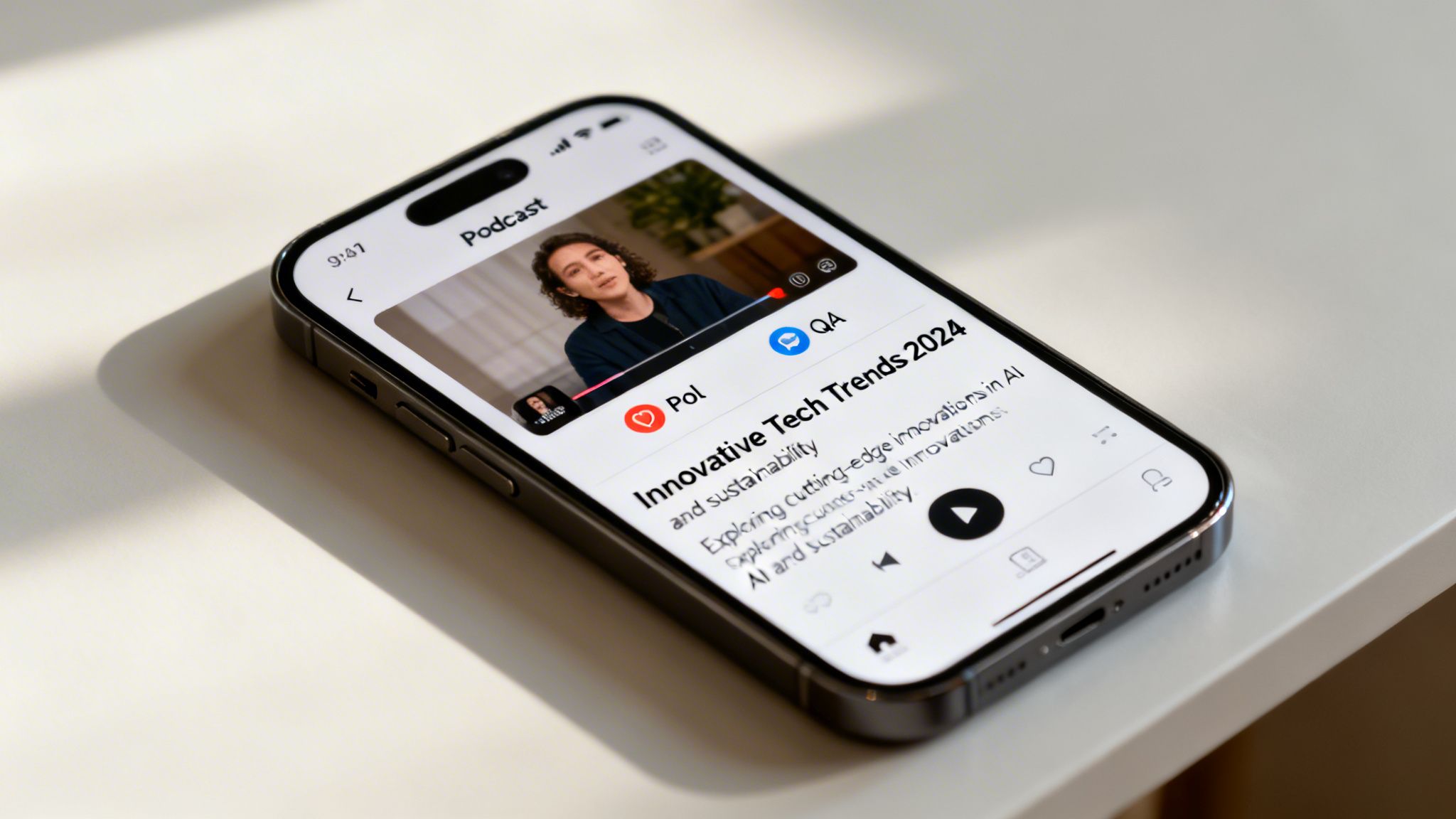 An iPhone displaying a podcast about 'Innovative Tech Trends 2024' on a light surface.