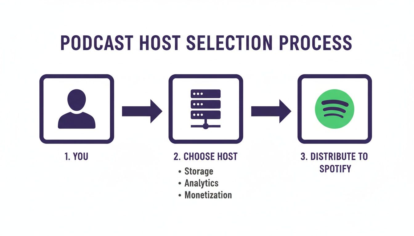 Flowchart illustrating the podcast host selection process from creator to choosing a host to Spotify distribution.