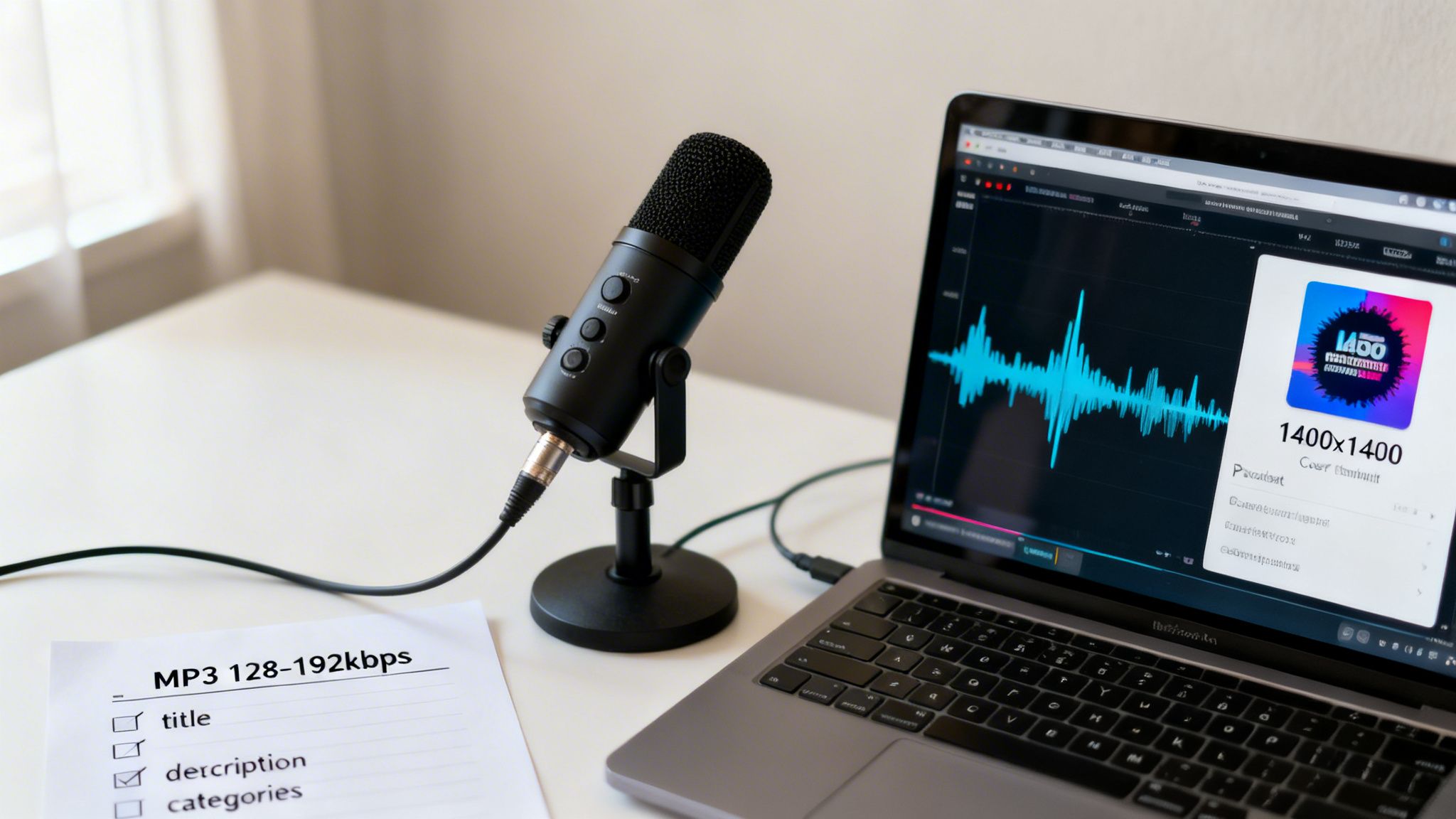 A podcast setup with a black microphone, laptop displaying audio waveform, and a checklist for MP3 files.