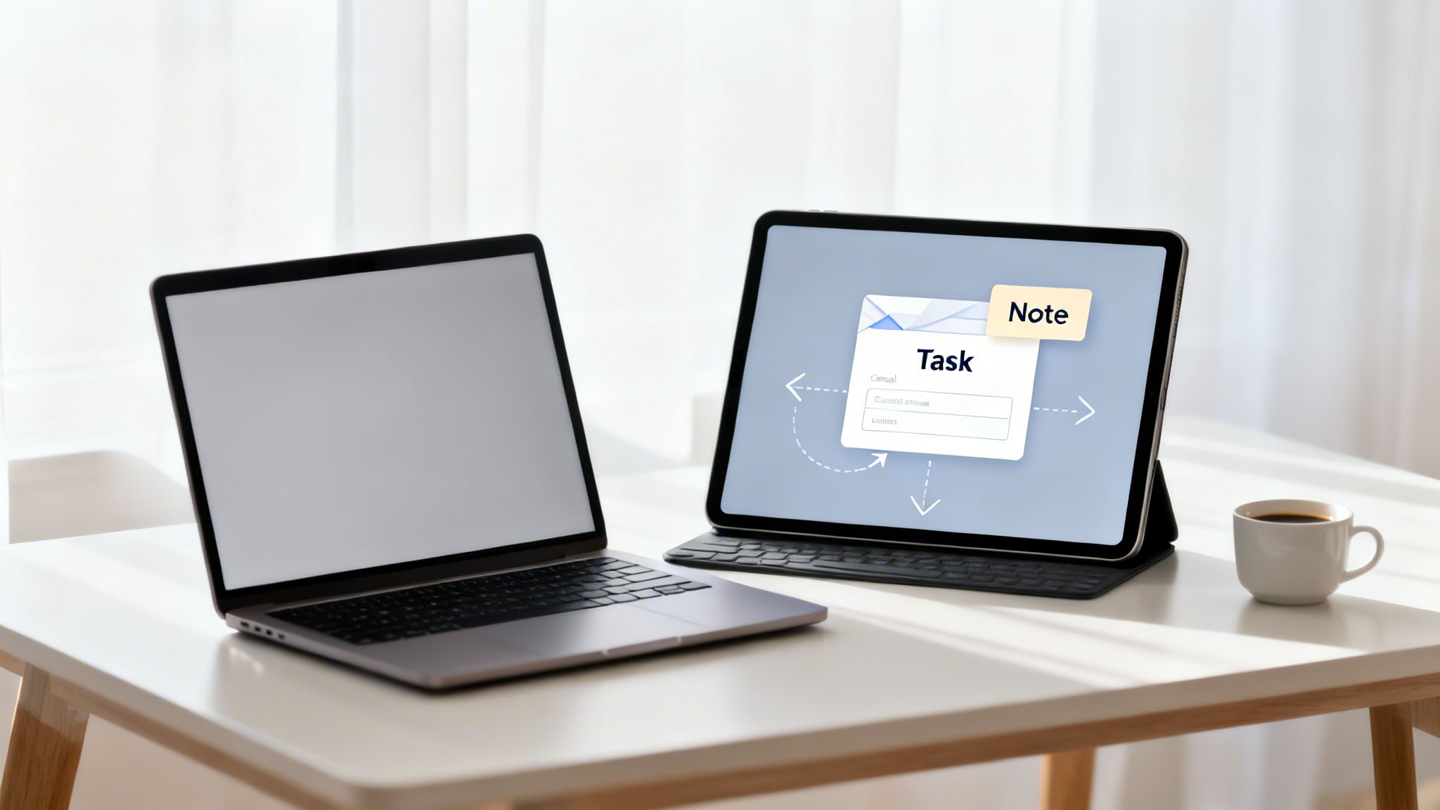 A modern workspace with a laptop, a tablet showing an email task organizer, and a cup of coffee.