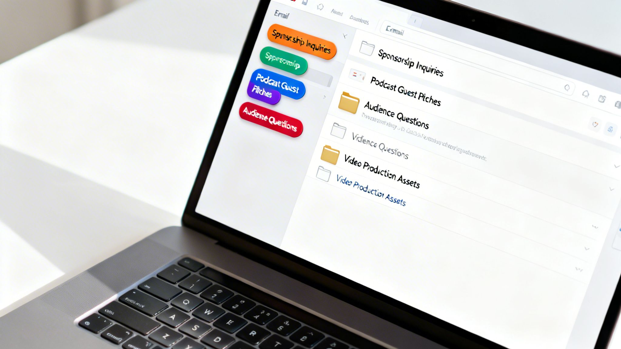 A laptop screen displays an email client with structured folders and colorful category tags for efficient organization.