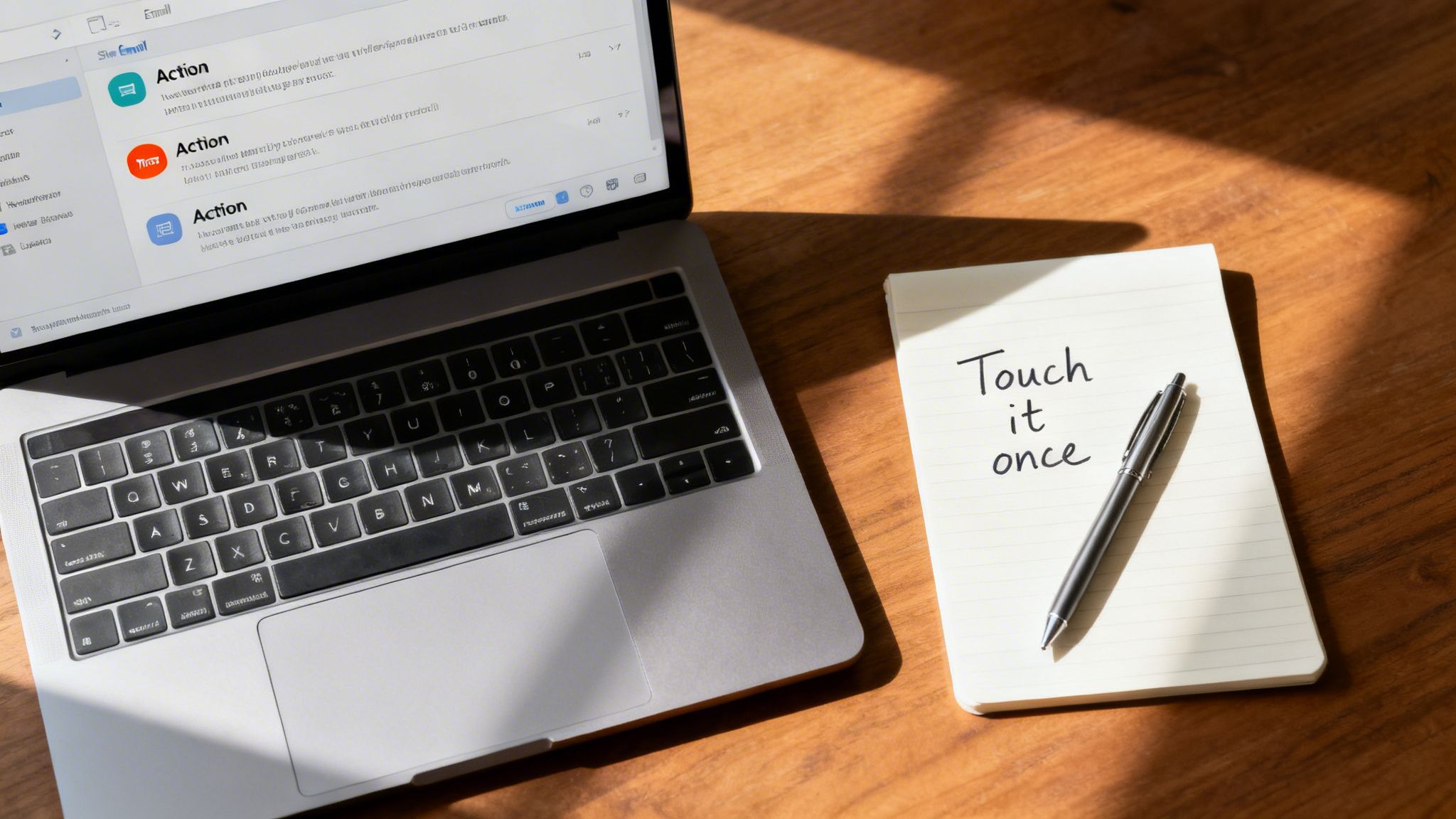 A laptop on a wooden desk showing an email inbox next to a notepad with 'Touch it once' written on it.