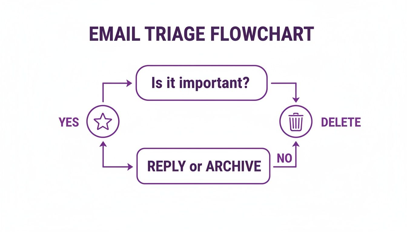 A simple email triage flowchart outlining steps to decide whether to reply, archive, or delete emails.