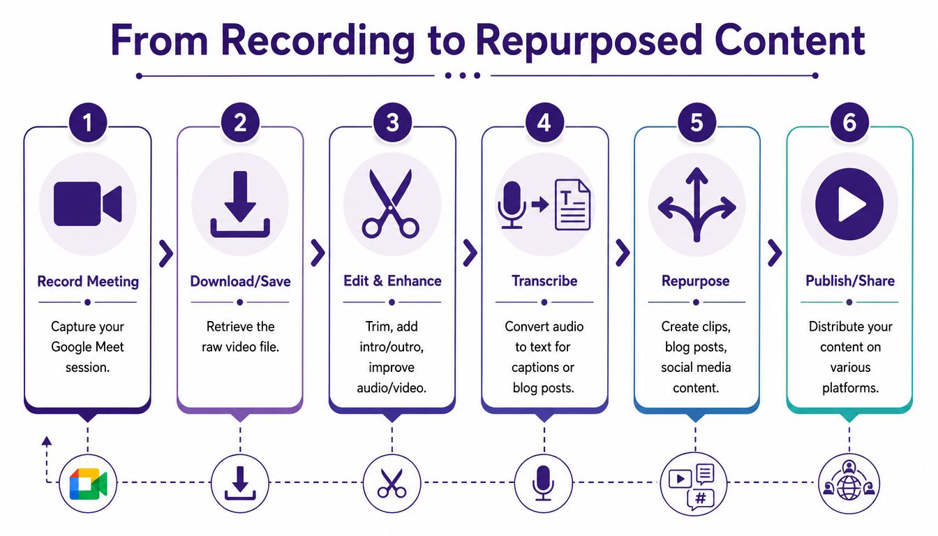 A six-step infographic illustrating the workflow from recording a Google Meet session to repurposing content for distribution.