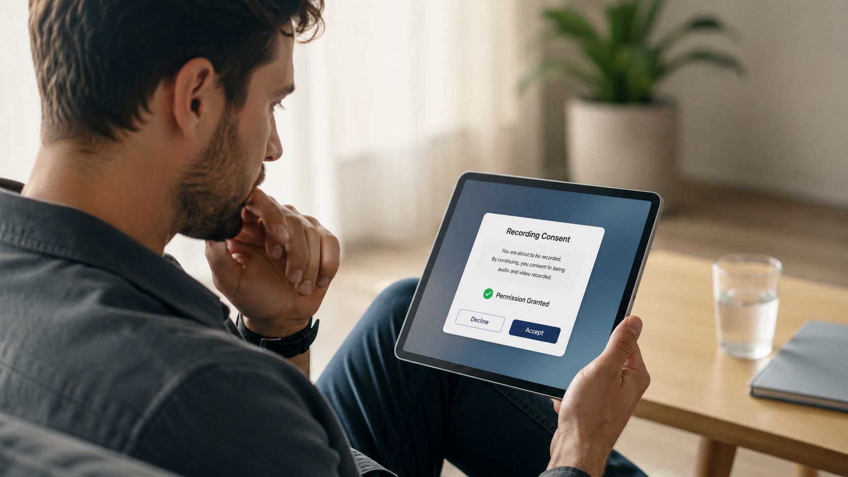 A man looks thoughtfully at a tablet screen displaying a digital recording consent form for a meeting.