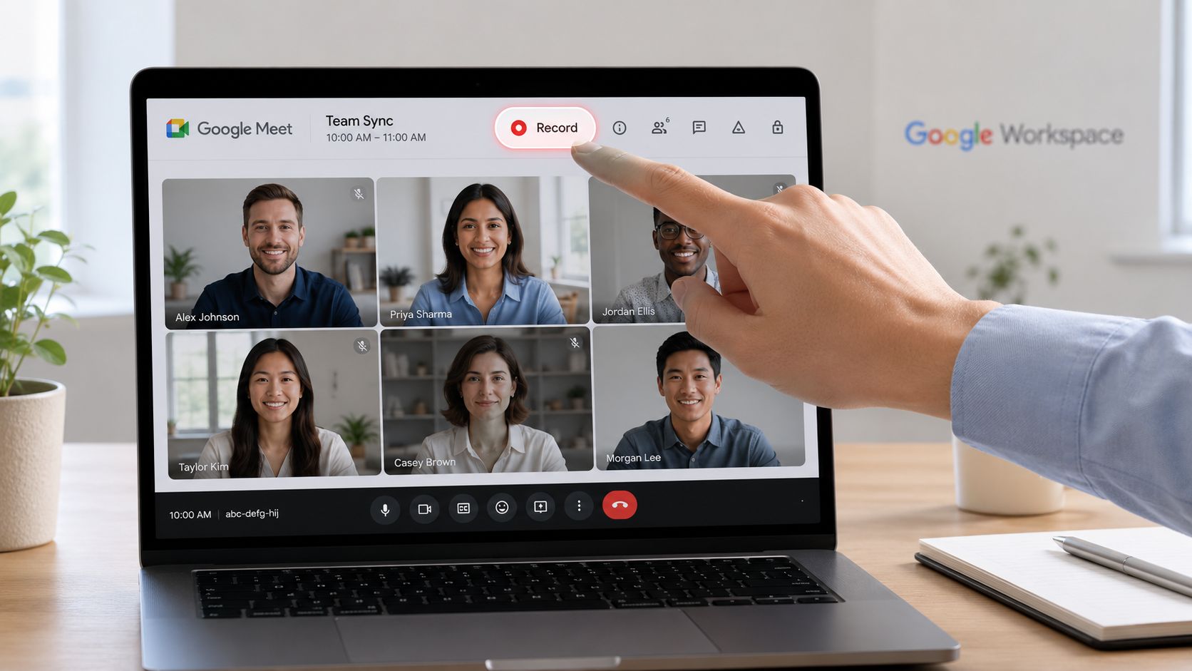 A person pressing the record button on a Google Meet video conference displayed on a laptop screen.