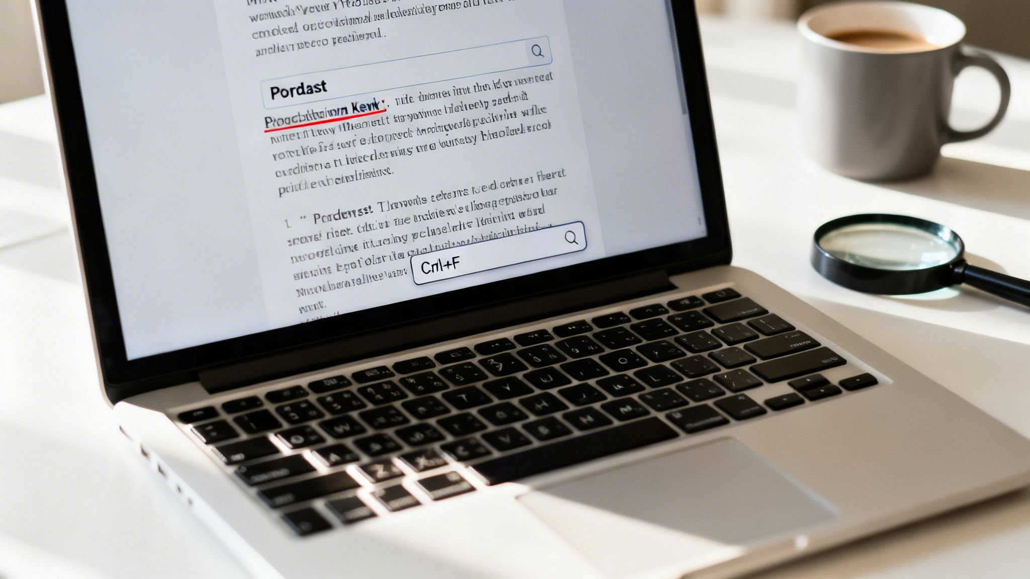 A laptop screen displays a search interface with 'Ctrl+F', next to a magnifying glass and coffee cup.