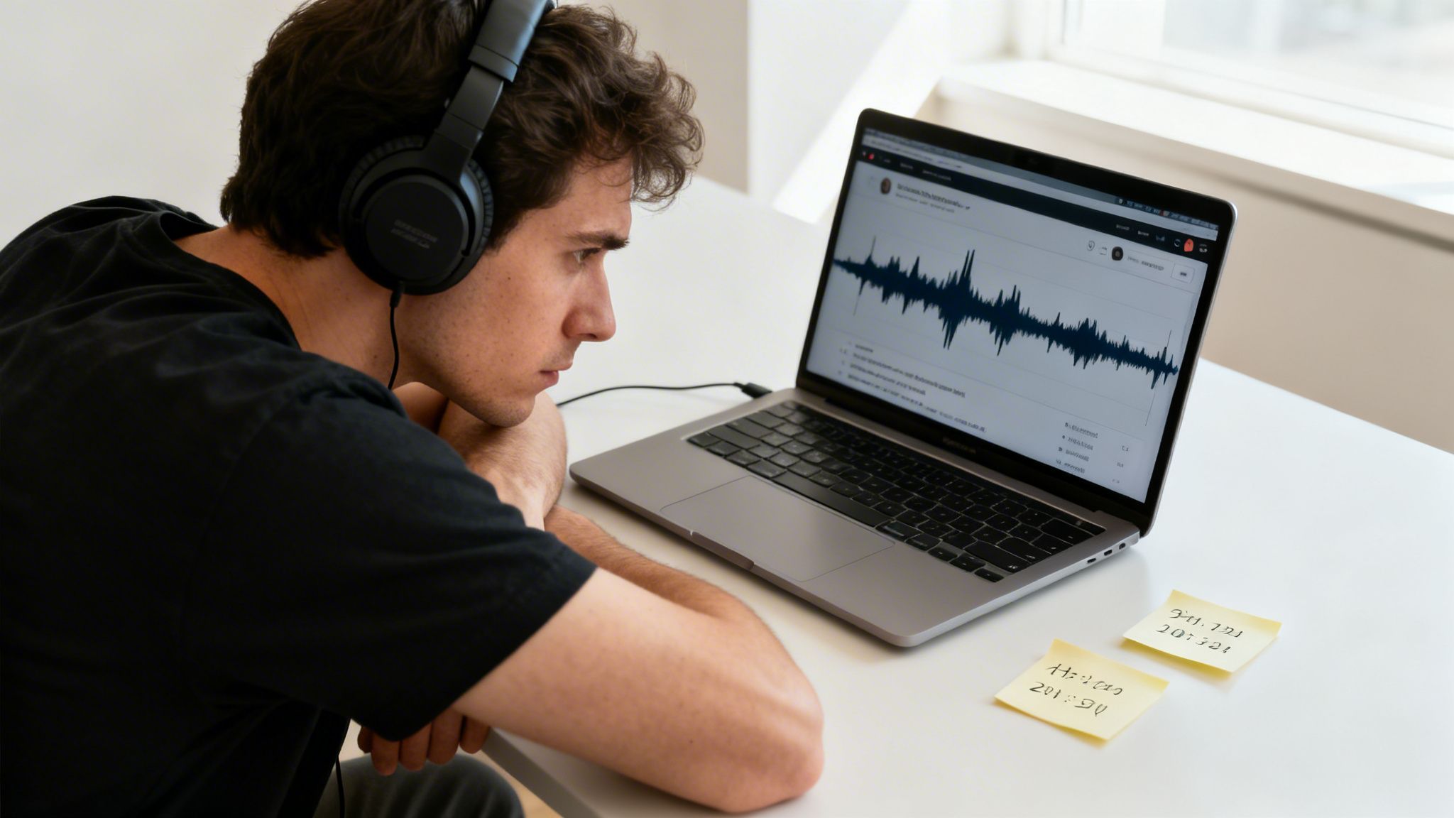 Man with headphones concentrating intently on an audio waveform displayed on his MacBook.