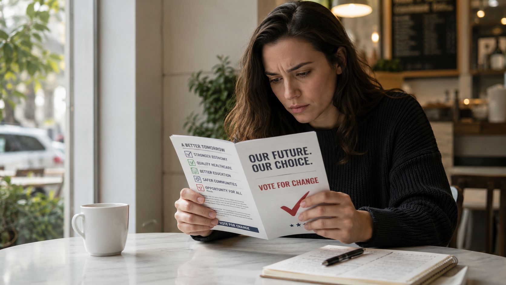 A concerned woman sitting in a cafe while reading a campaign pamphlet about voting and political change.
