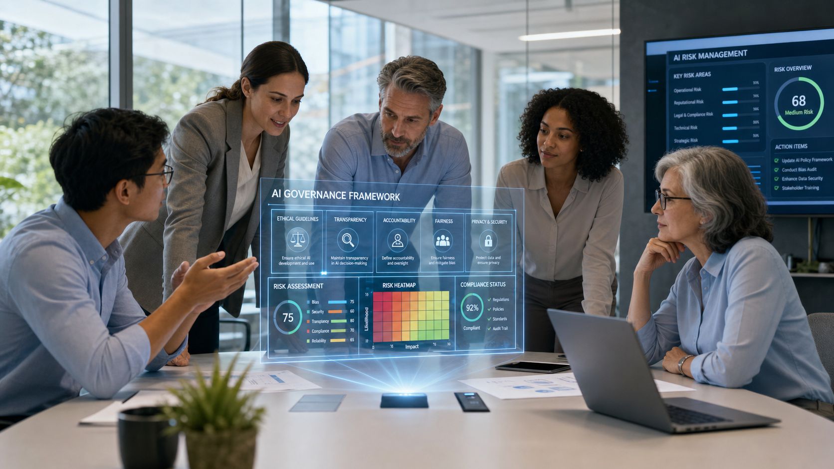 A diverse team of professionals collaborating around a table with a holographic AI governance dashboard displayed.