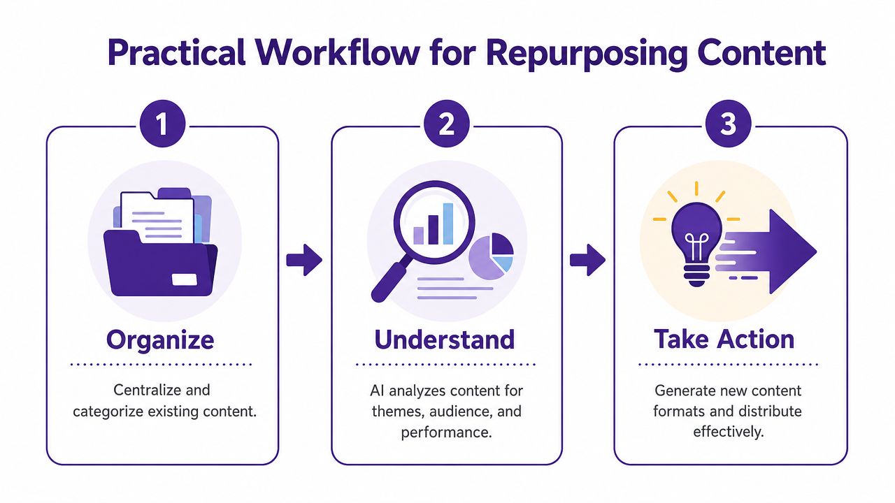 A three-step infographic showing a practical workflow for repurposing content through organization, analysis, and action.