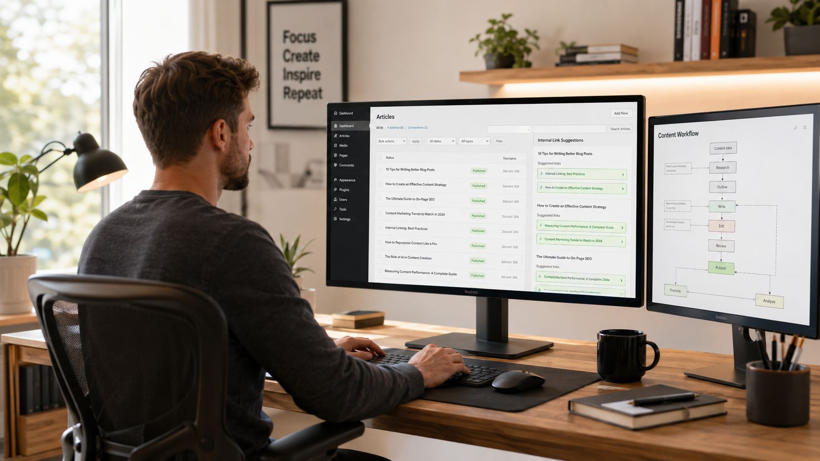 A professional working on an internal linking strategy using a dual monitor setup in a home office.