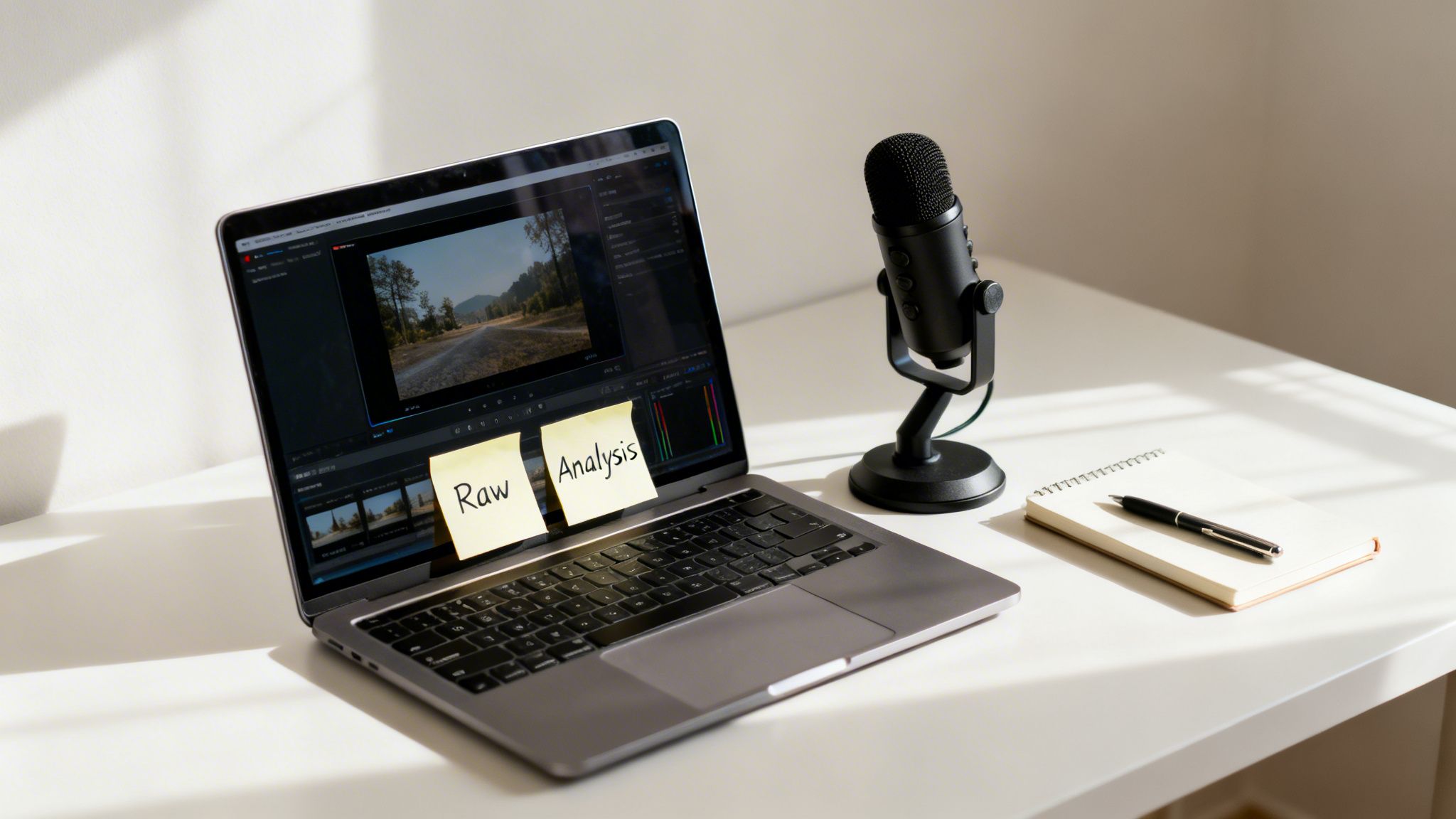 A laptop displaying video editing software with 'Raw' and 'Analysis' sticky notes, a microphone, and a notebook on a white desk.