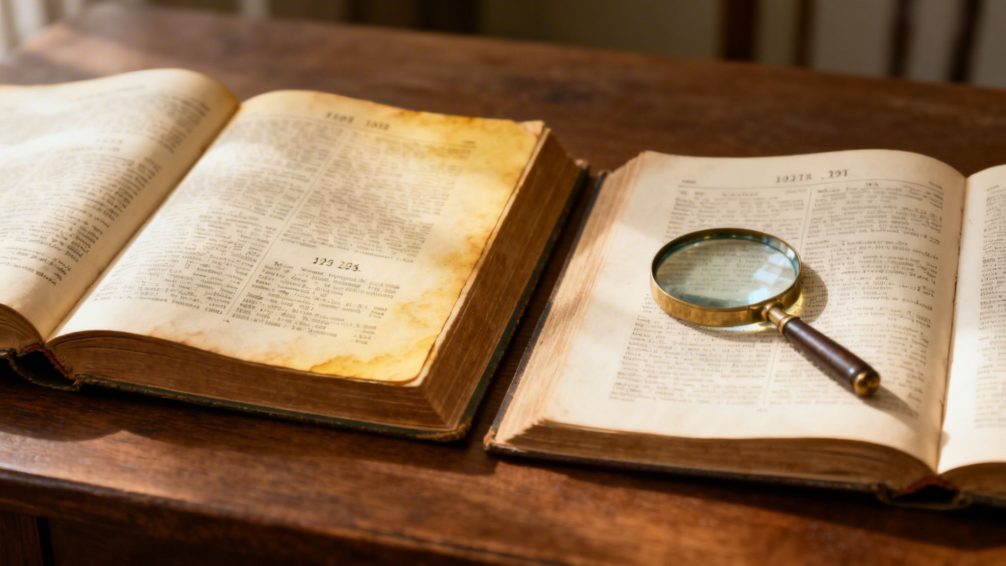 Two antique open books with aged pages and a magnifying glass on a rustic wooden desk.