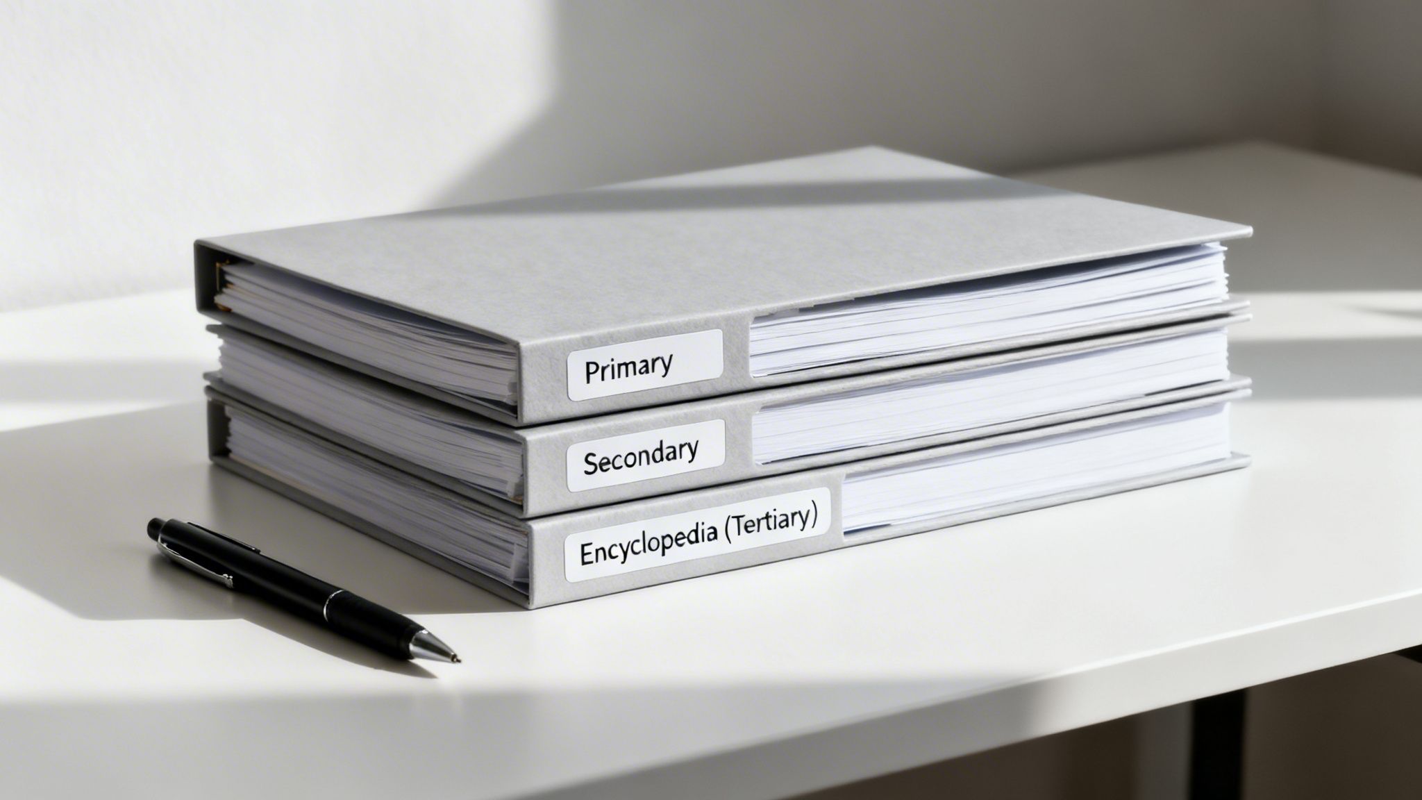 Three grey binders labeled Primary, Secondary, and Encyclopedia (Tertiary) on a white desk with a pen.