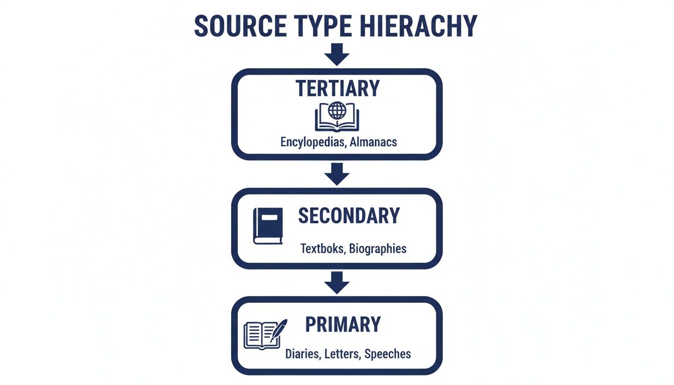 A diagram illustrating the source type hierarchy: Tertiary, Secondary, and Primary, with examples for each.