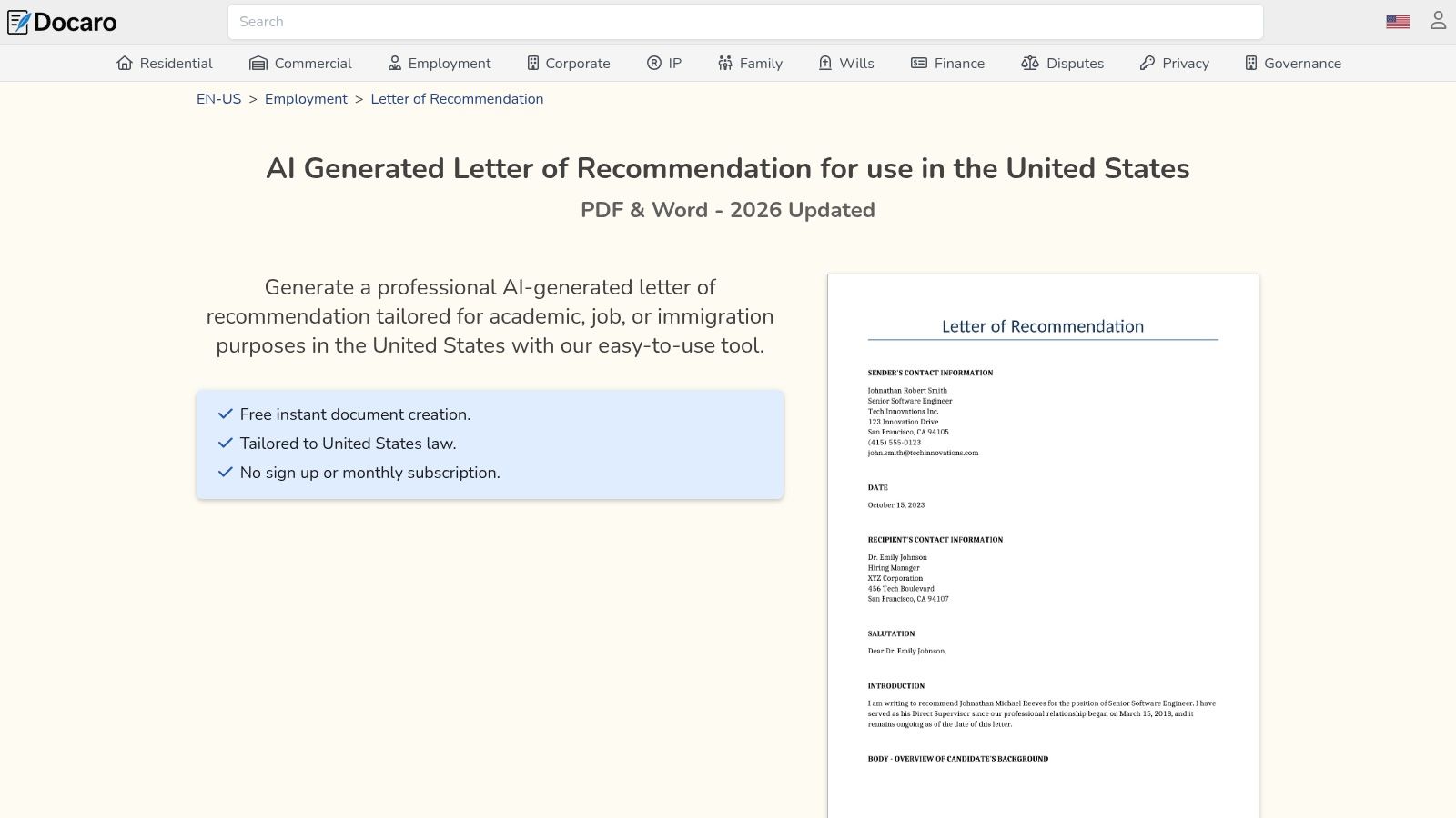 Docaro AI – Free AI Letter of Recommendation Generator