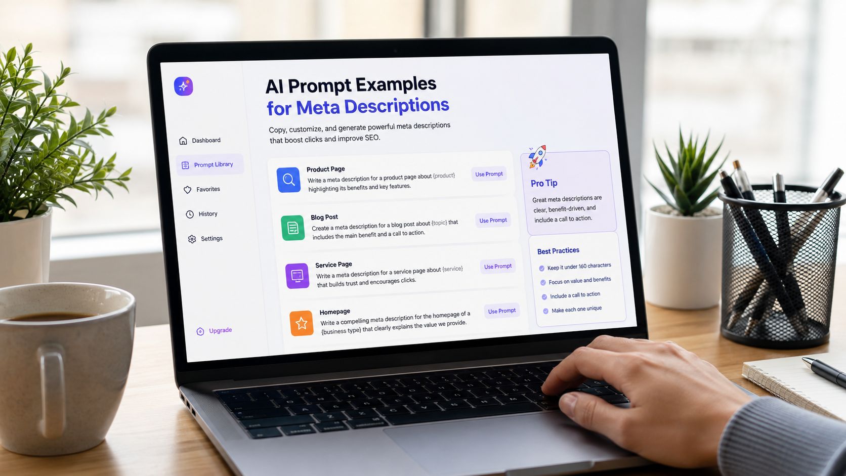 A person using a laptop to view a website with AI prompt examples for writing meta descriptions.